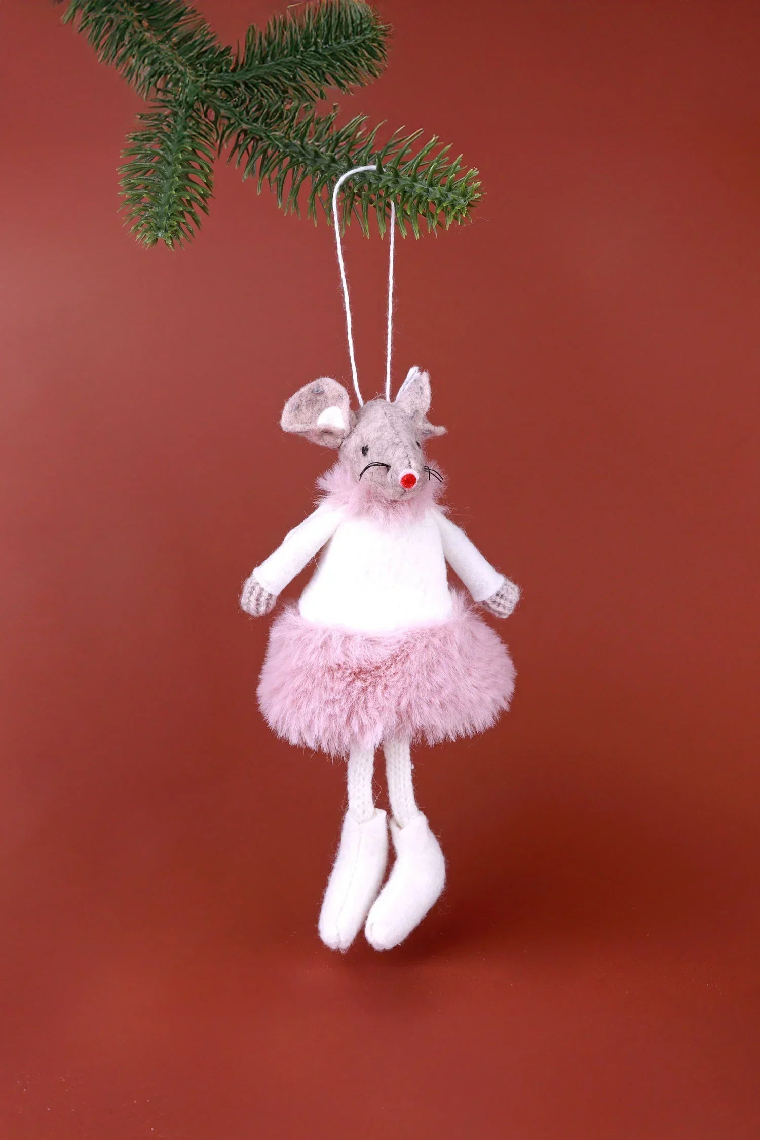 Fashion Mice Besties Fluffy Felt Christmas Tree Hanging Ornaments — close-up view, G Decor