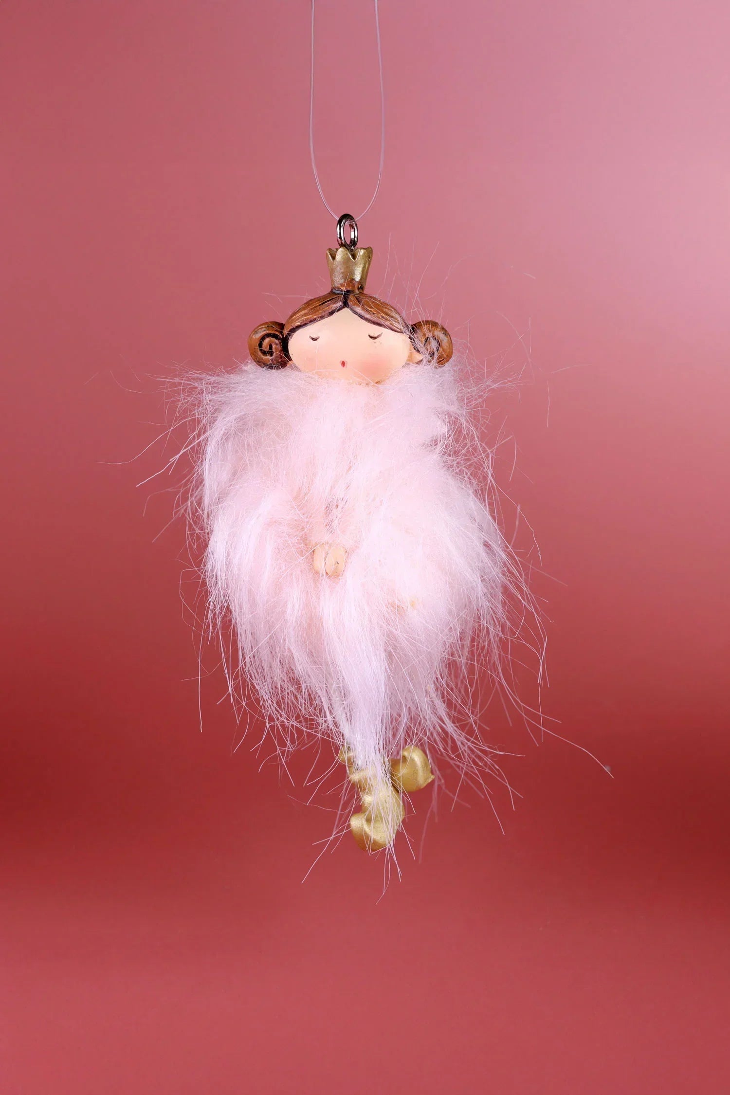 Pair of Pink Fluff Royal Princess Hand-Painted Christmas Tree Ornaments — close-up view, G Decor
