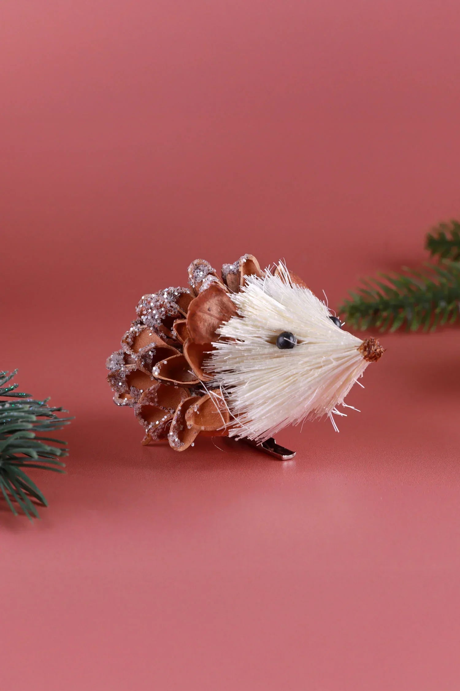 Pair of Handmade Natural Hedgehog Clip-On Christmas Decorations — alternate view, G Decor