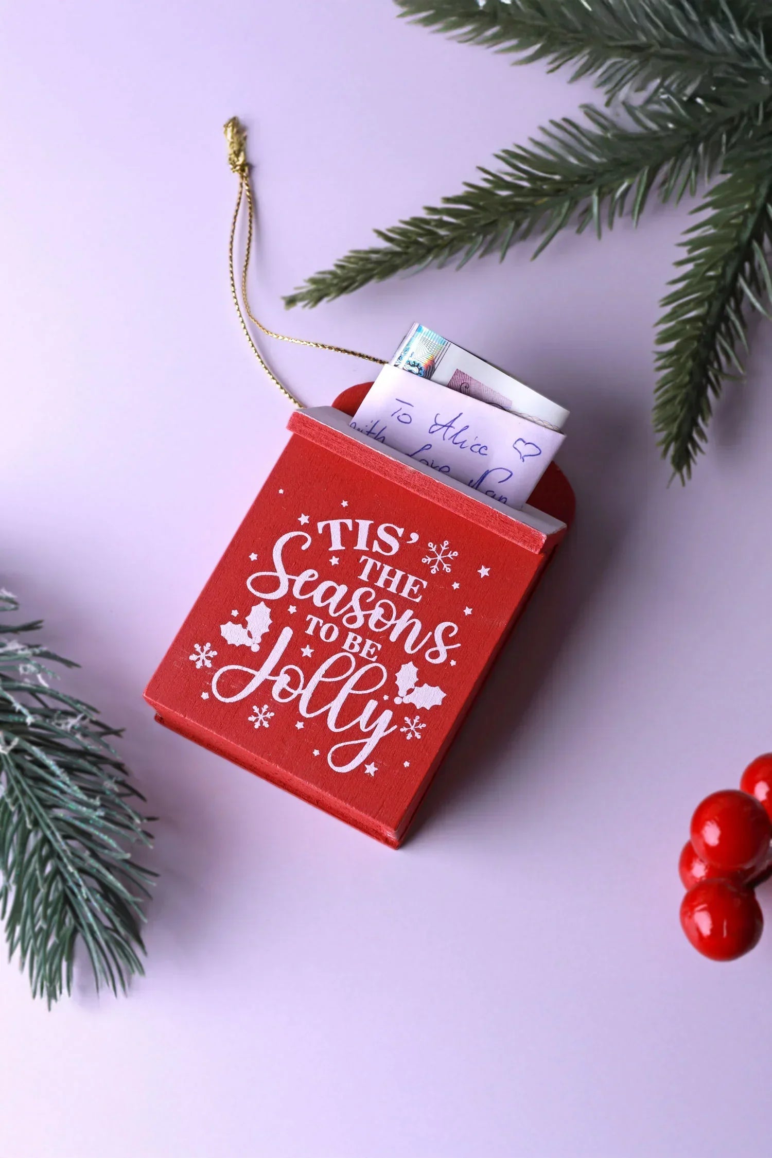 Wooden Post Box Christmas Secret Note Holder Tree Decoration — close-up view, G Decor
