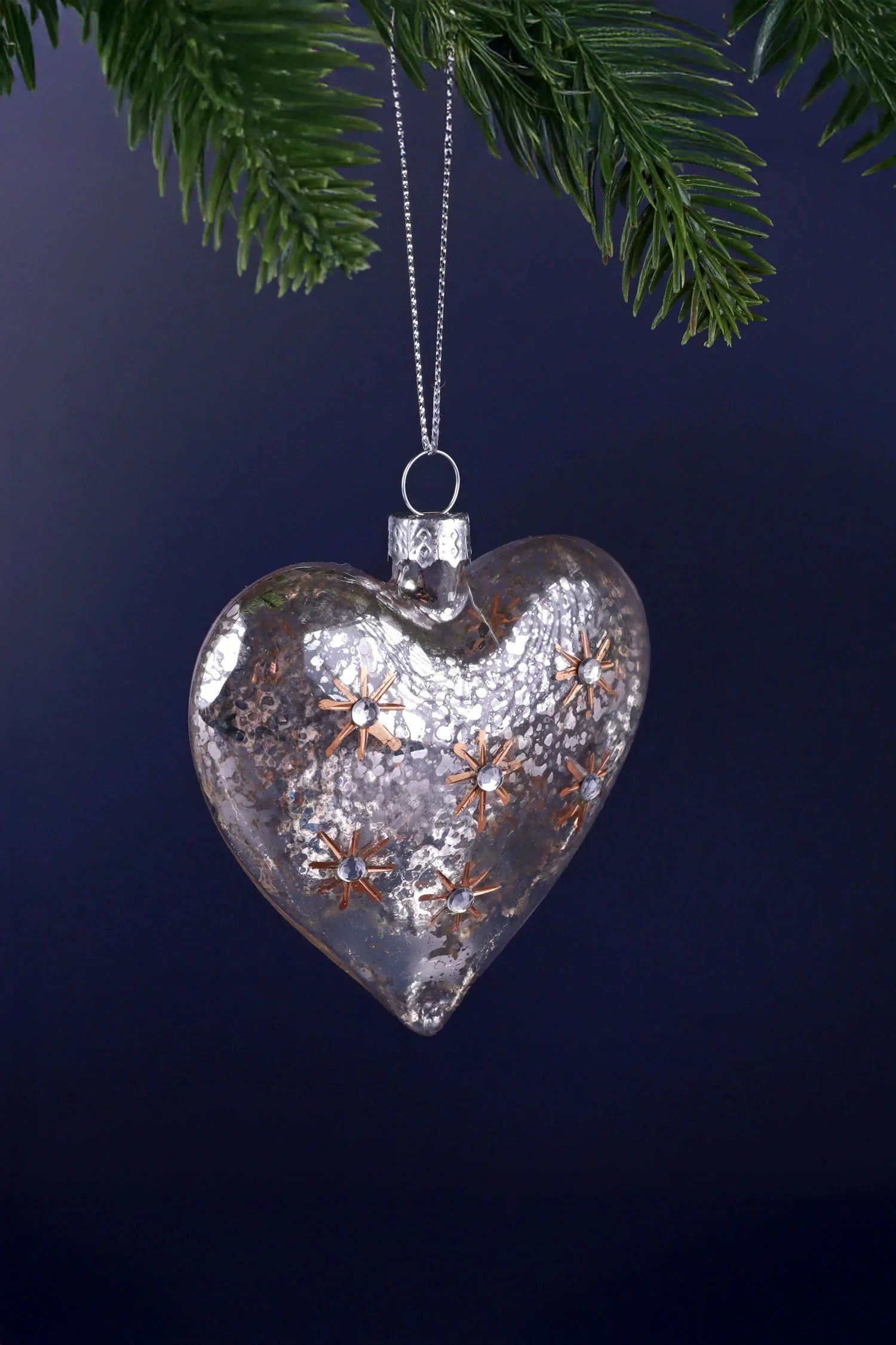 Starlit Heart Mercury Glass Christmas Bauble in Vintage Silver and Gold — alternate view, G Decor