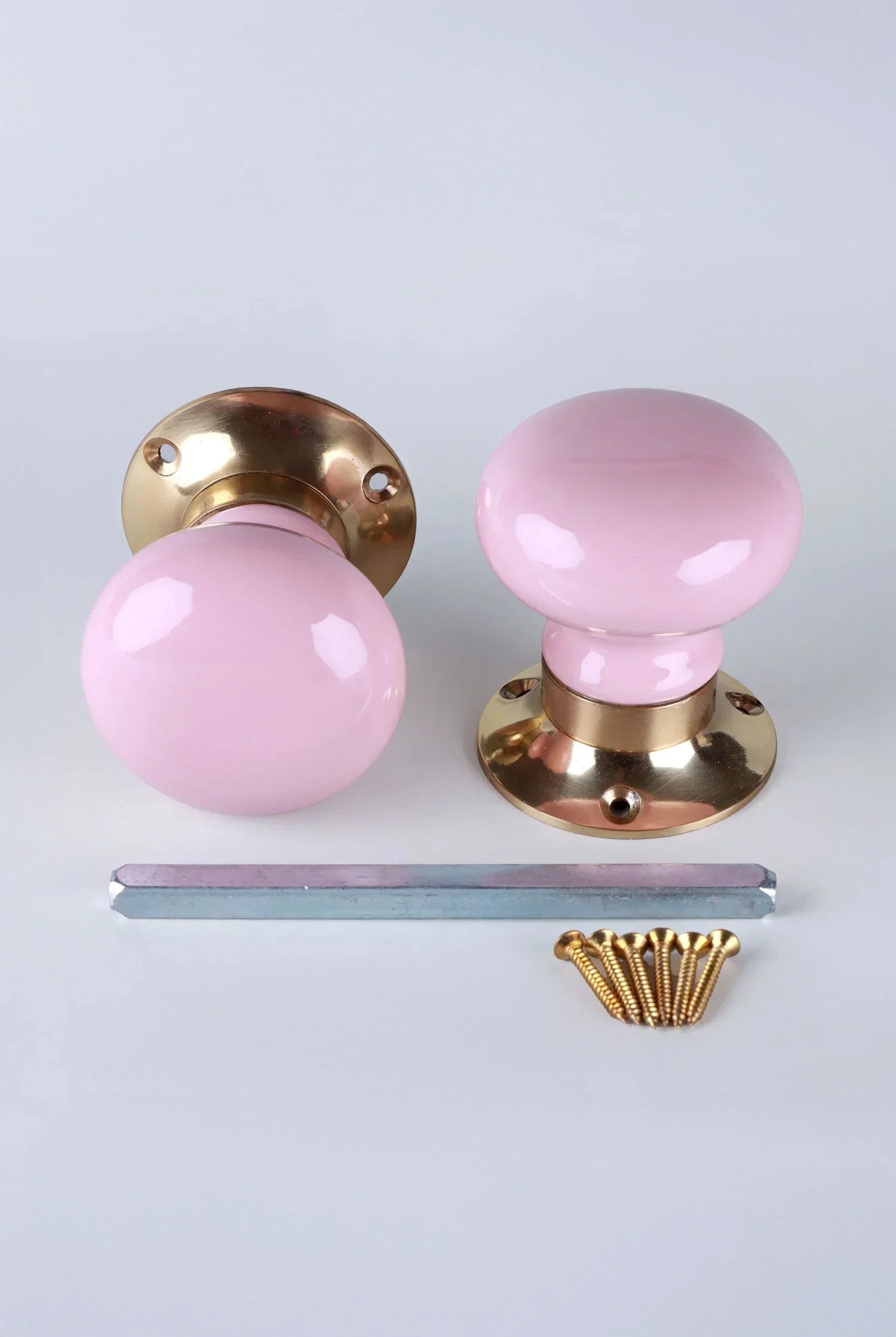 Pair of pink and gold door knobs with screws and spindle, luxury hardware by G Decor