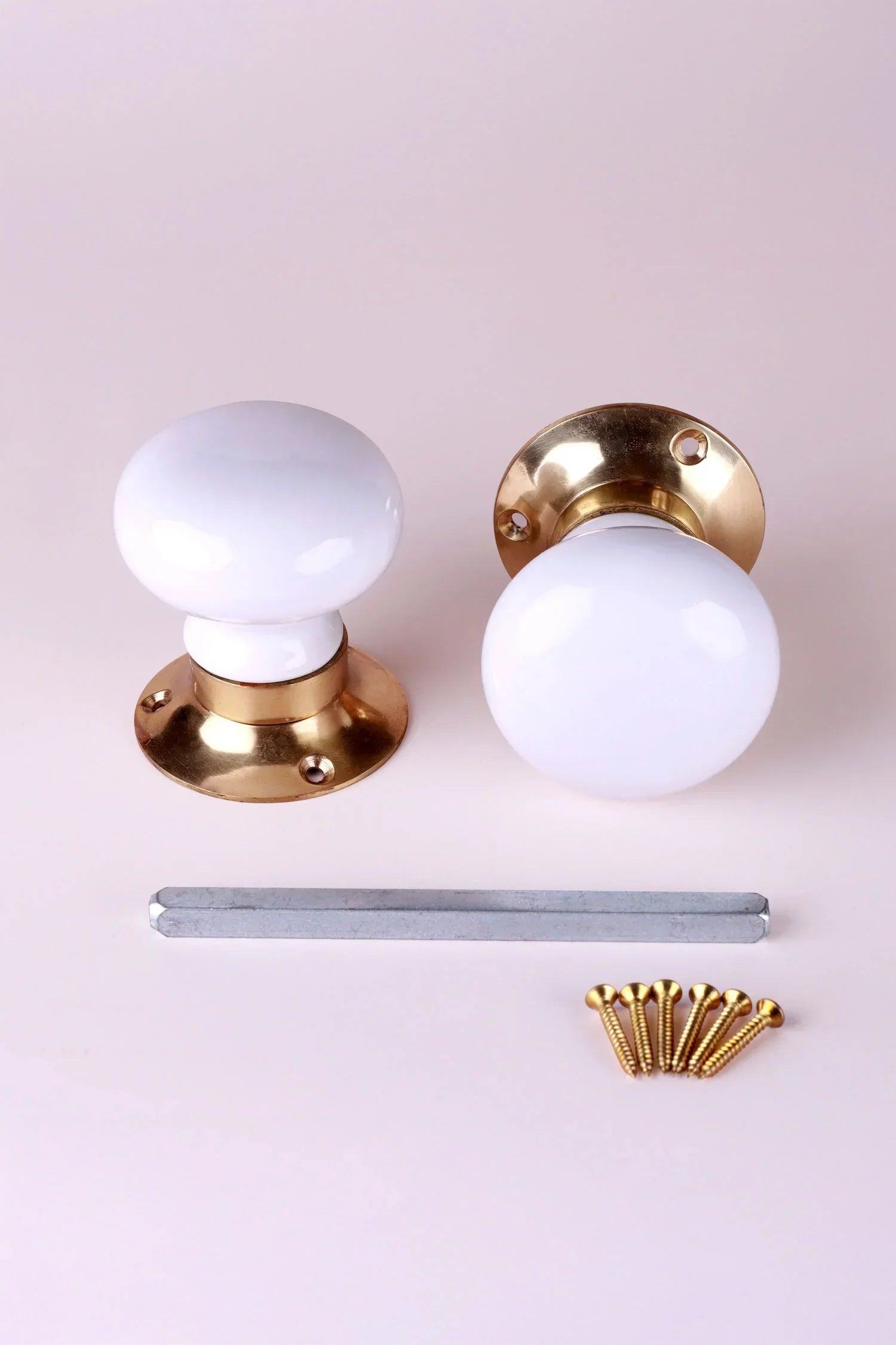Brassworks Edit Porcelain White Ceramic Mortice Door Knobs with Brass Base — lifestyle view, G Decor