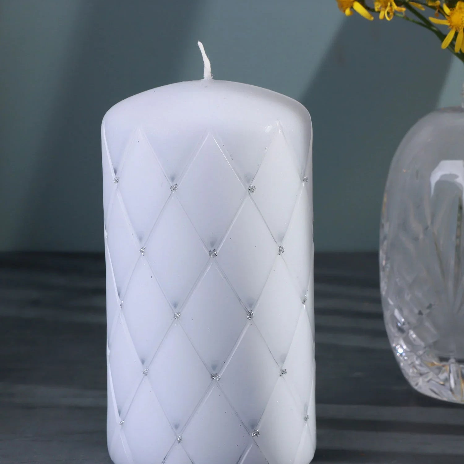 Lorinne du Clair Hand-Finished Crystal Pillar Candle Gold Lattice or Light Grey Quilted Design