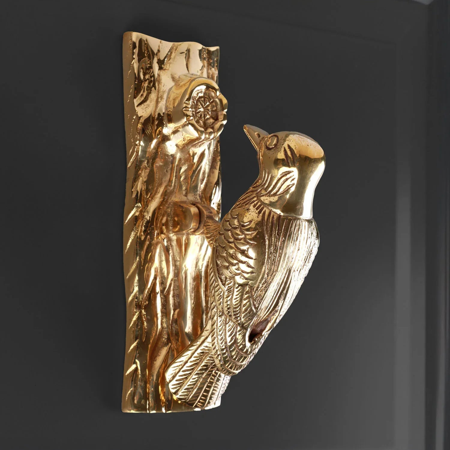 Golden Woodpecker Polished Brass Door Knocker Elegant Front Door Hardware Fitting