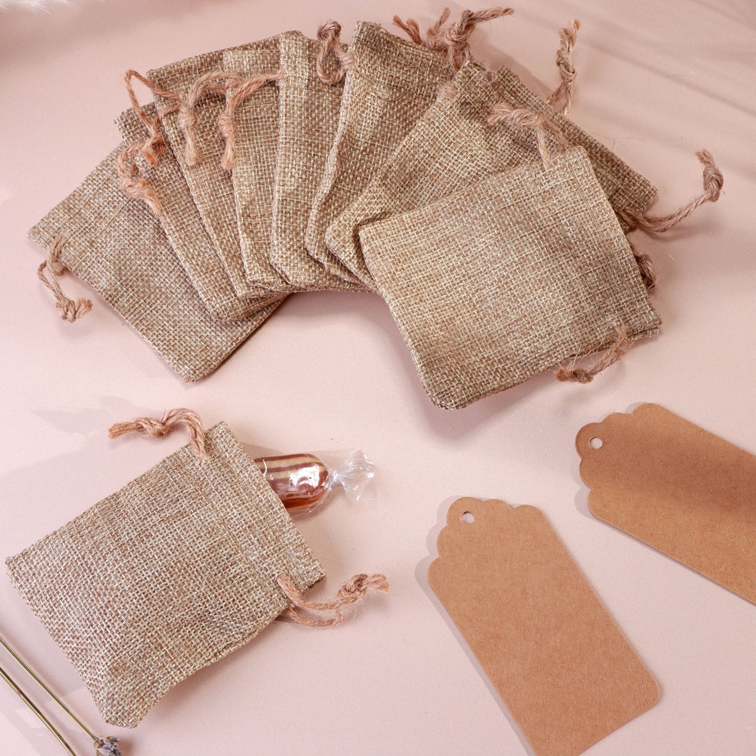Gift Bags Set of 2 or 4 Rustic Jute Favour Pouches with Optional Kraft Tags