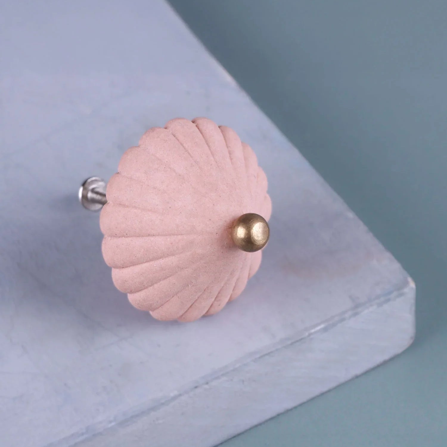 Pink scalloped ceramic drawer knob with brass center on light blue background, G Decor hardware