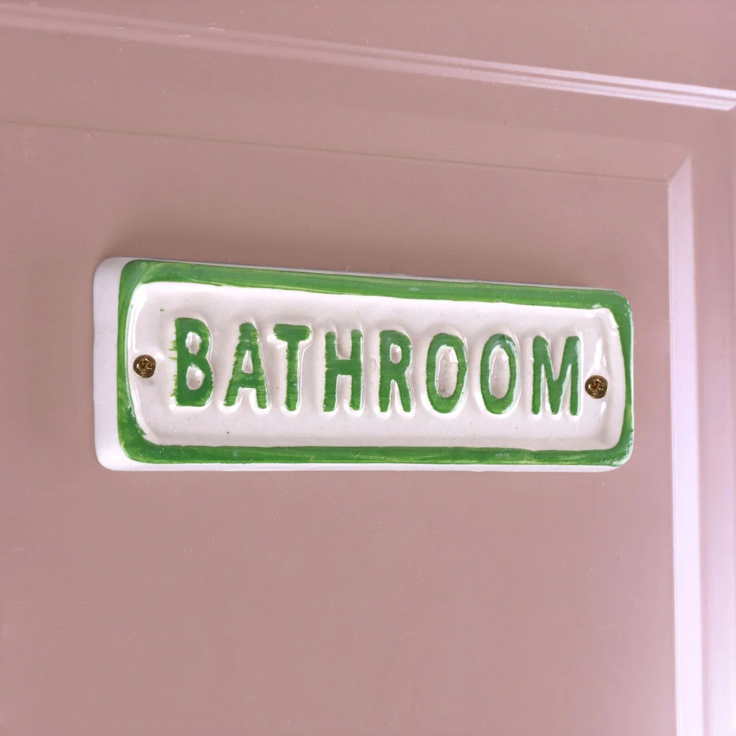 Handcrafted Ceramic Bathroom Door Plaque Rustic Cottage Green Border