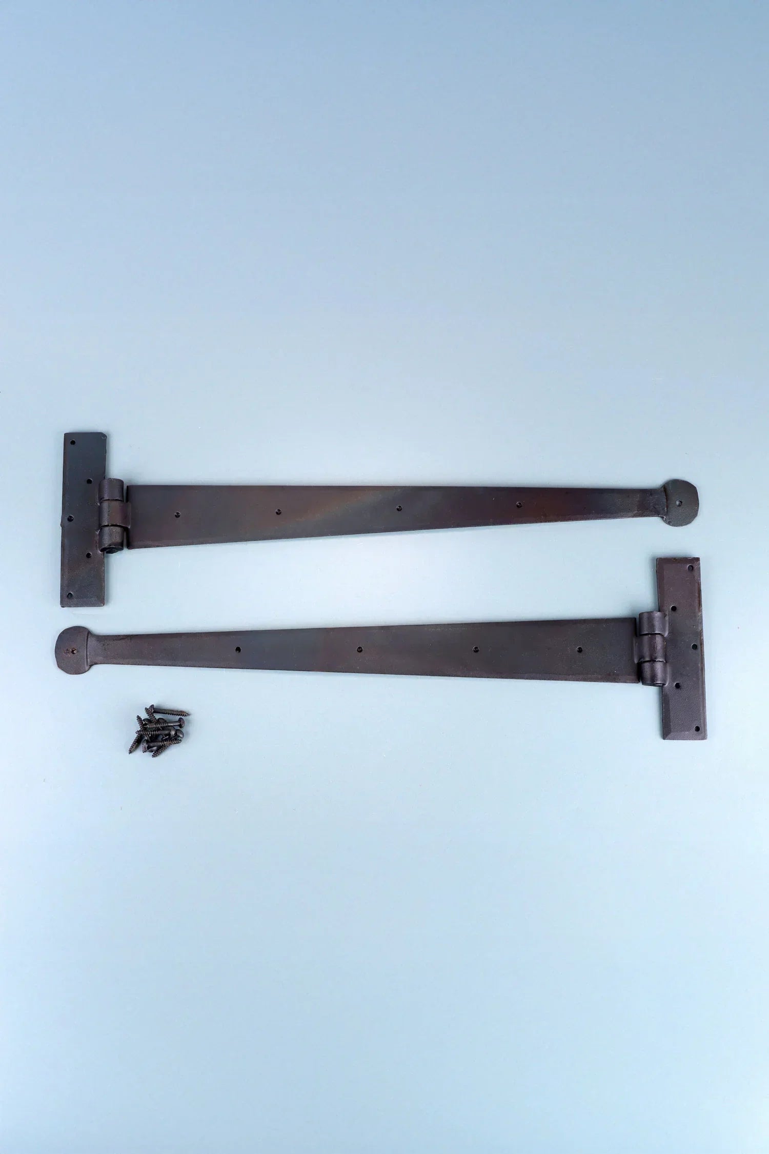 9″ 12″ or 18″ Pair of Hand-Forged Coinbase T Hinges in Beeswax Finish — lifestyle view, G Decor