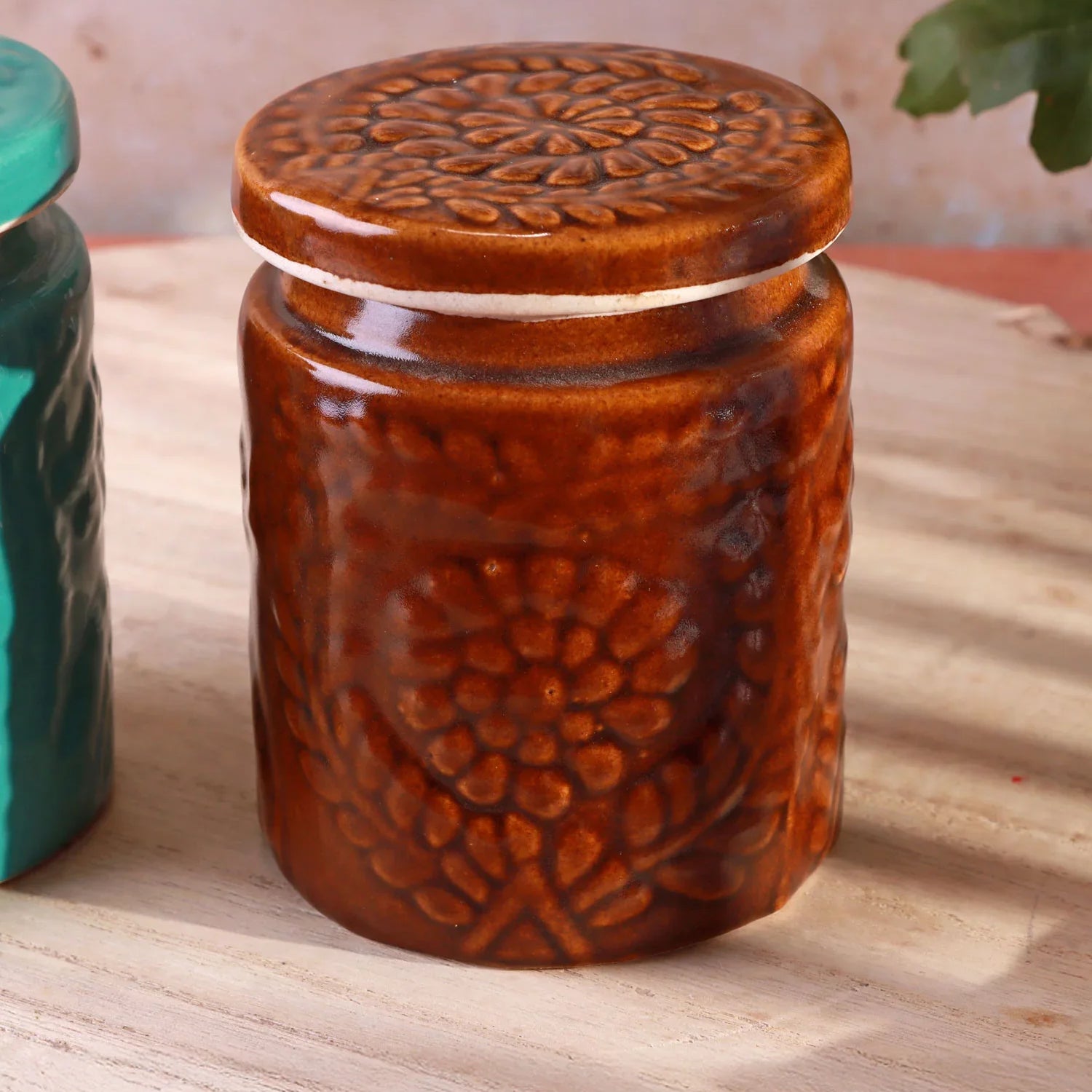 Embossed Bloom Handmade Ceramic Jars Storage with Floral Motif Lids