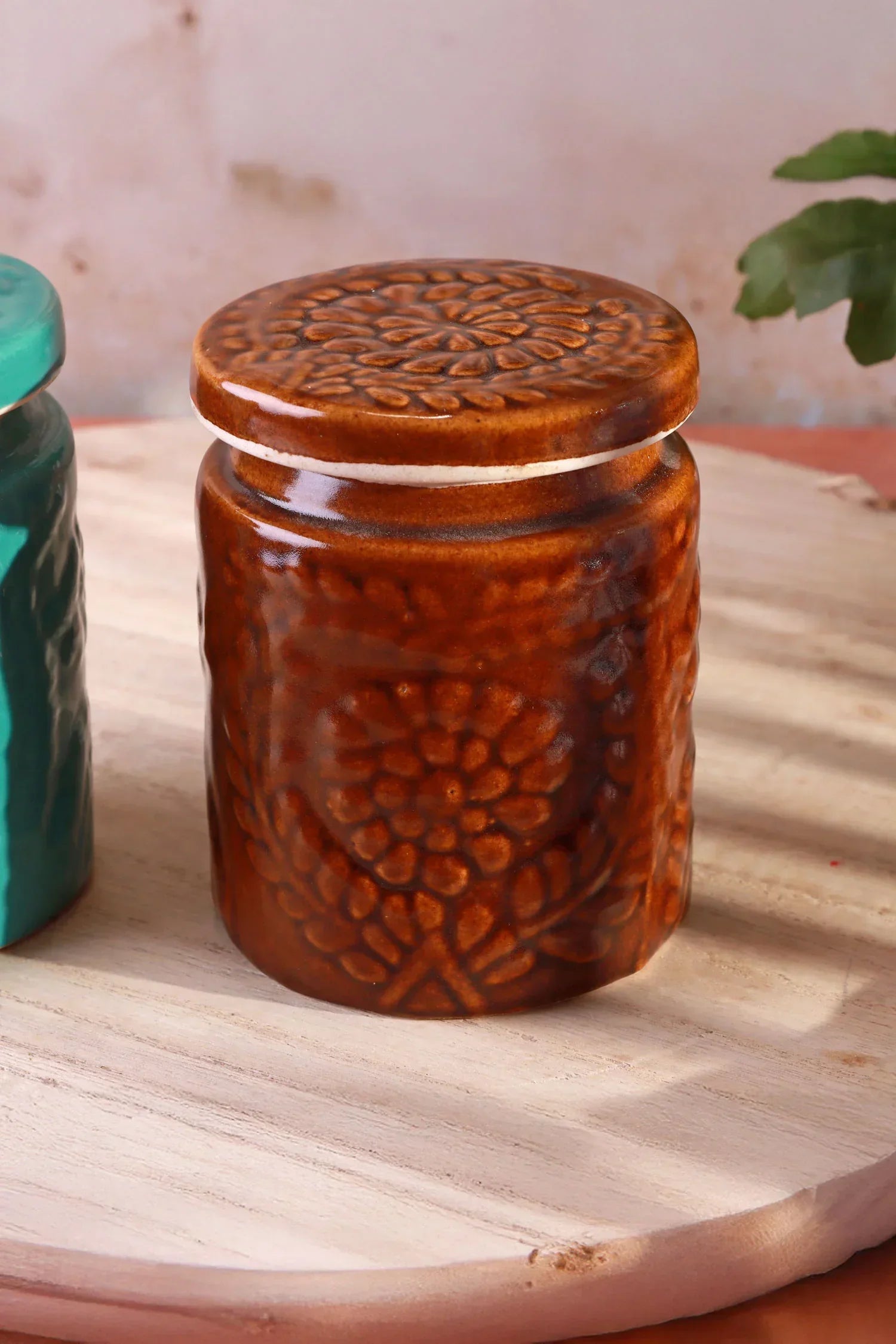 Embossed Bloom Handmade Ceramic Storage Jars with Floral Lids — lifestyle view, G Decor