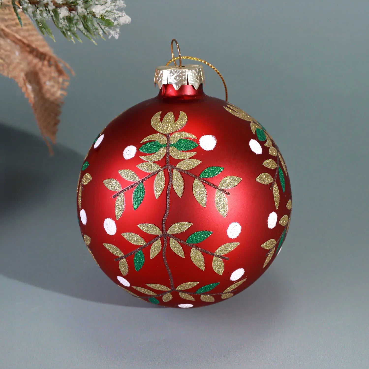 Holiday Red Glass Christmas Baubles Hand-Painted Glitter Leaf & Jewel Design Tree Hanging Ornaments