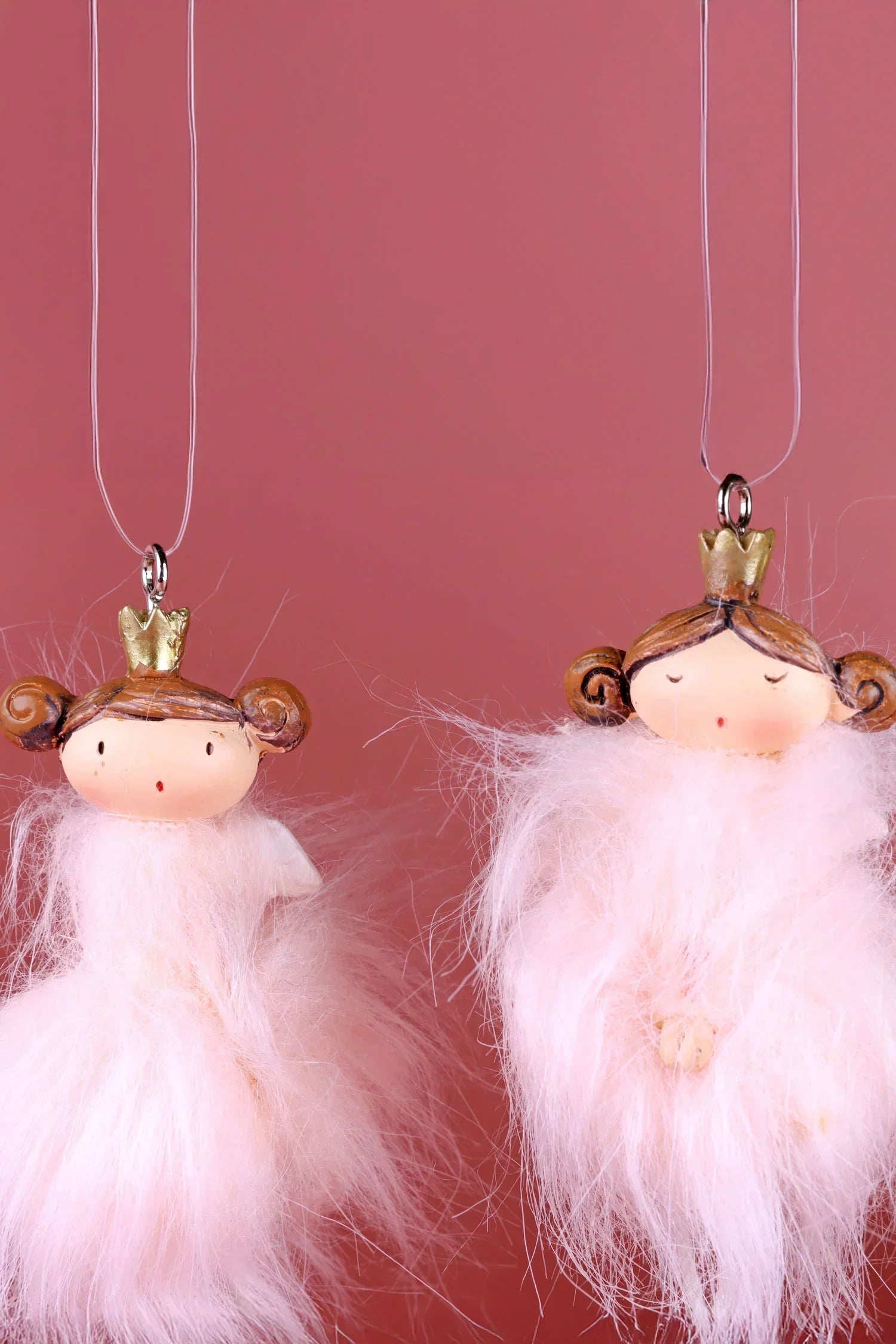Pair of Pink Fluff Royal Princess Hand-Painted Christmas Tree Ornaments — alternate view, G Decor