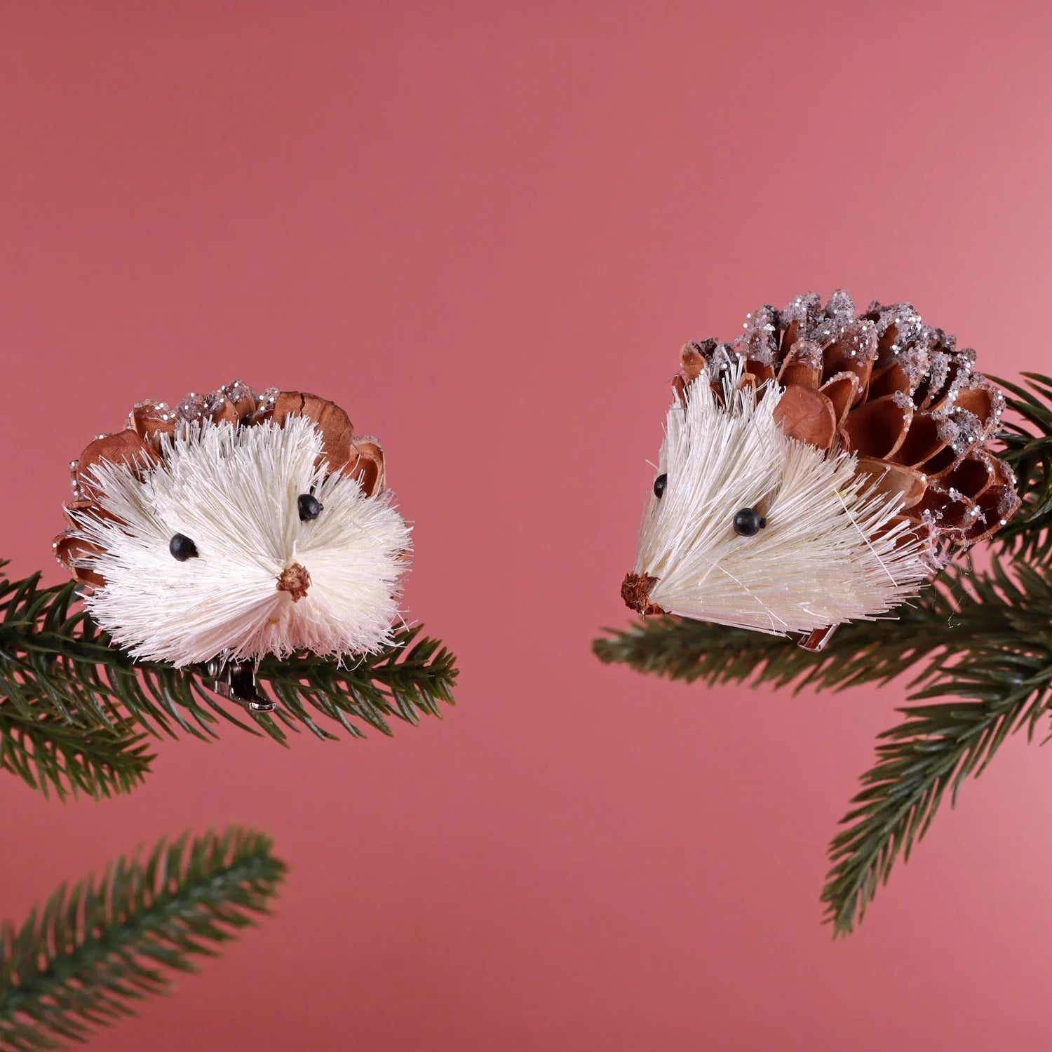 Set of 2 Handmade Natural Hedgehog Clip-On Christmas Decorations Sustainable Woodland Ornaments