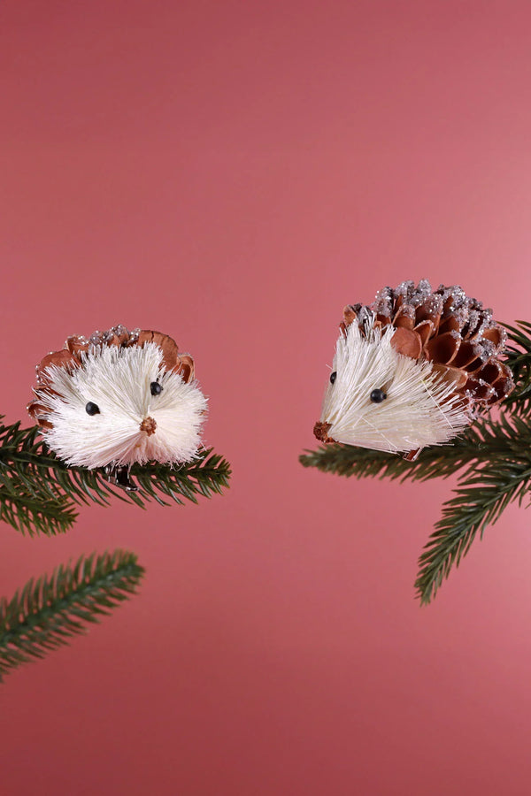 Pair of Handmade Natural Hedgehog Clip-On Christmas Decorations