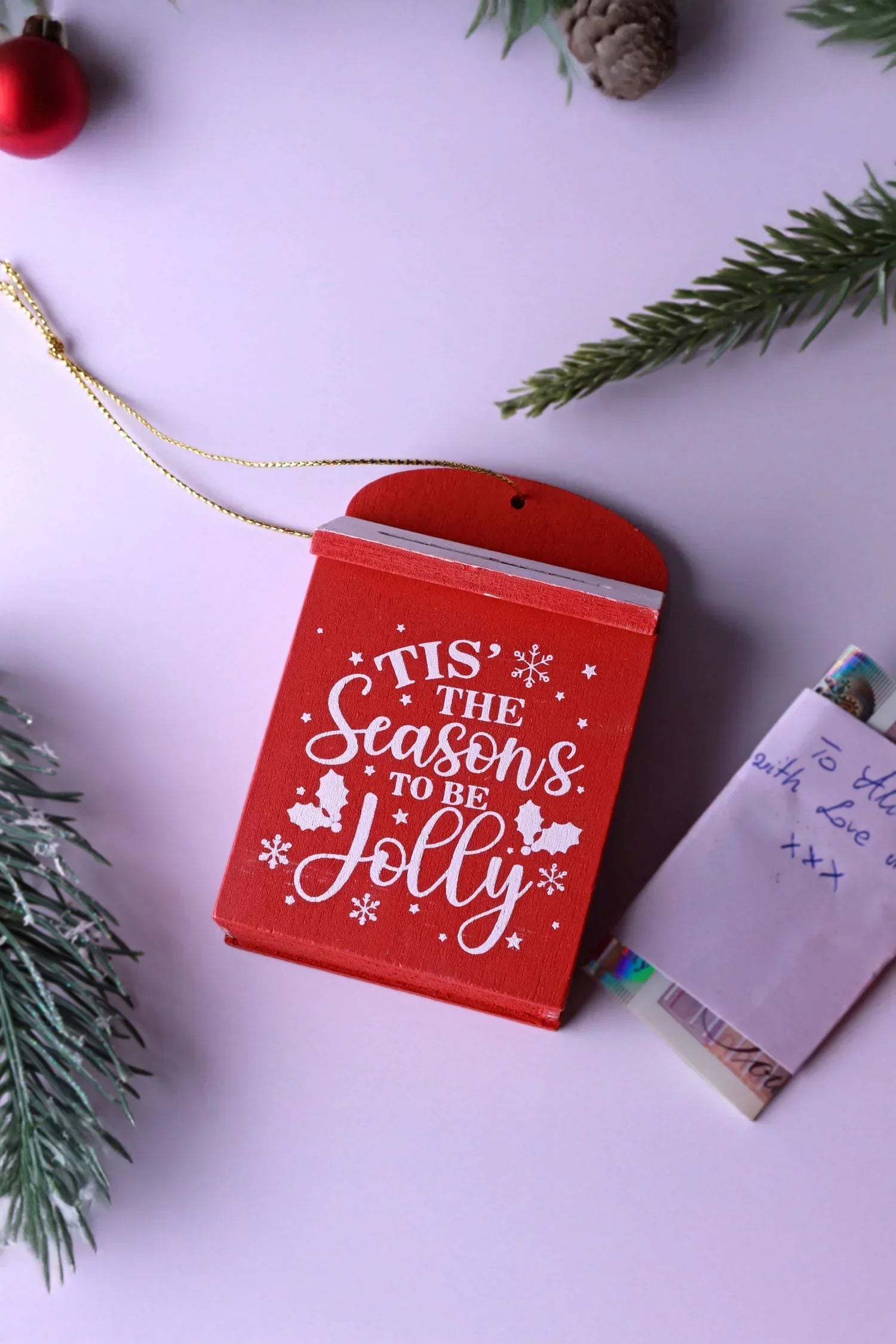 Wooden Post Box Christmas Secret Note Holder Tree Decoration — lifestyle view, G Decor