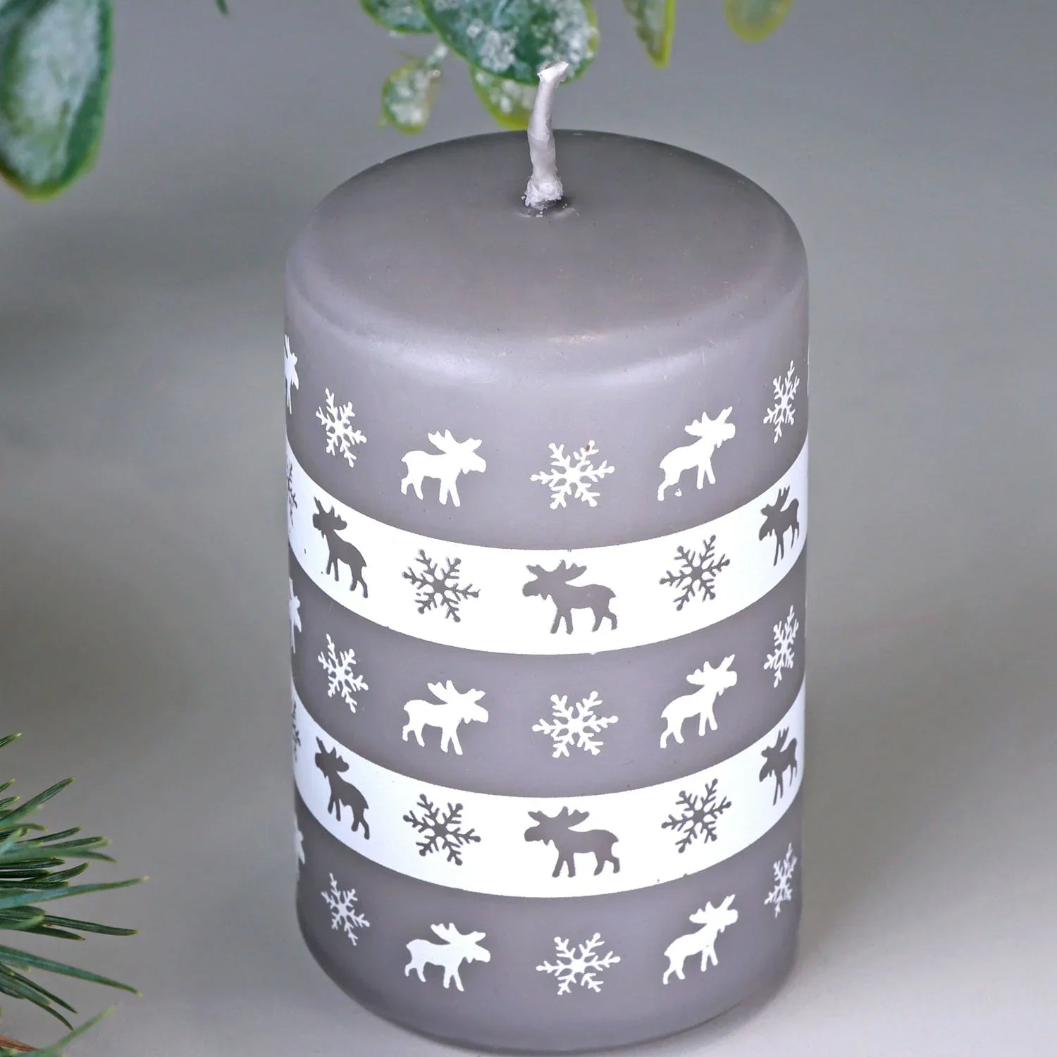 Nordhavn Grey Reindeer Pillar Candle Nordic Winter Lodge Décor in Small or Large Size