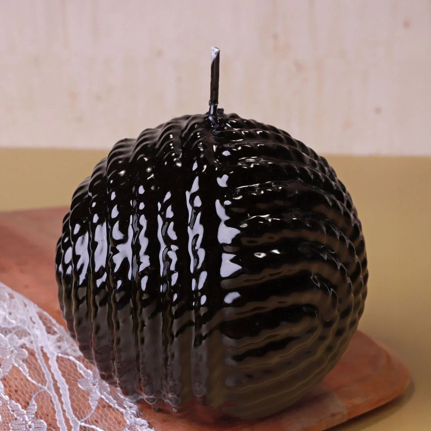 Glossy black ribbed wax candle on wooden tray, luxury home décor by G Decor