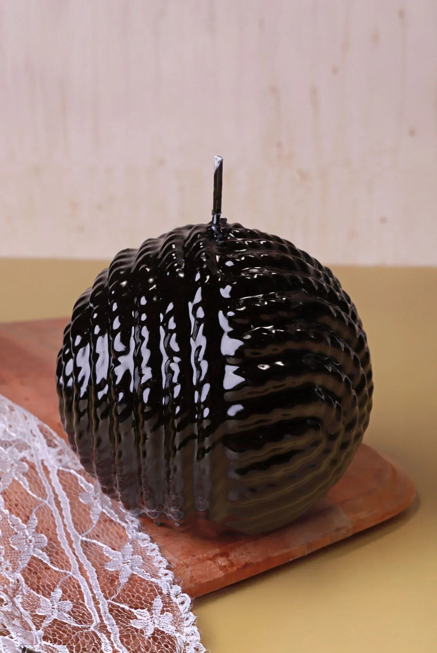 Glossy black ribbed wax candle on wooden tray, luxury home décor by G Decor