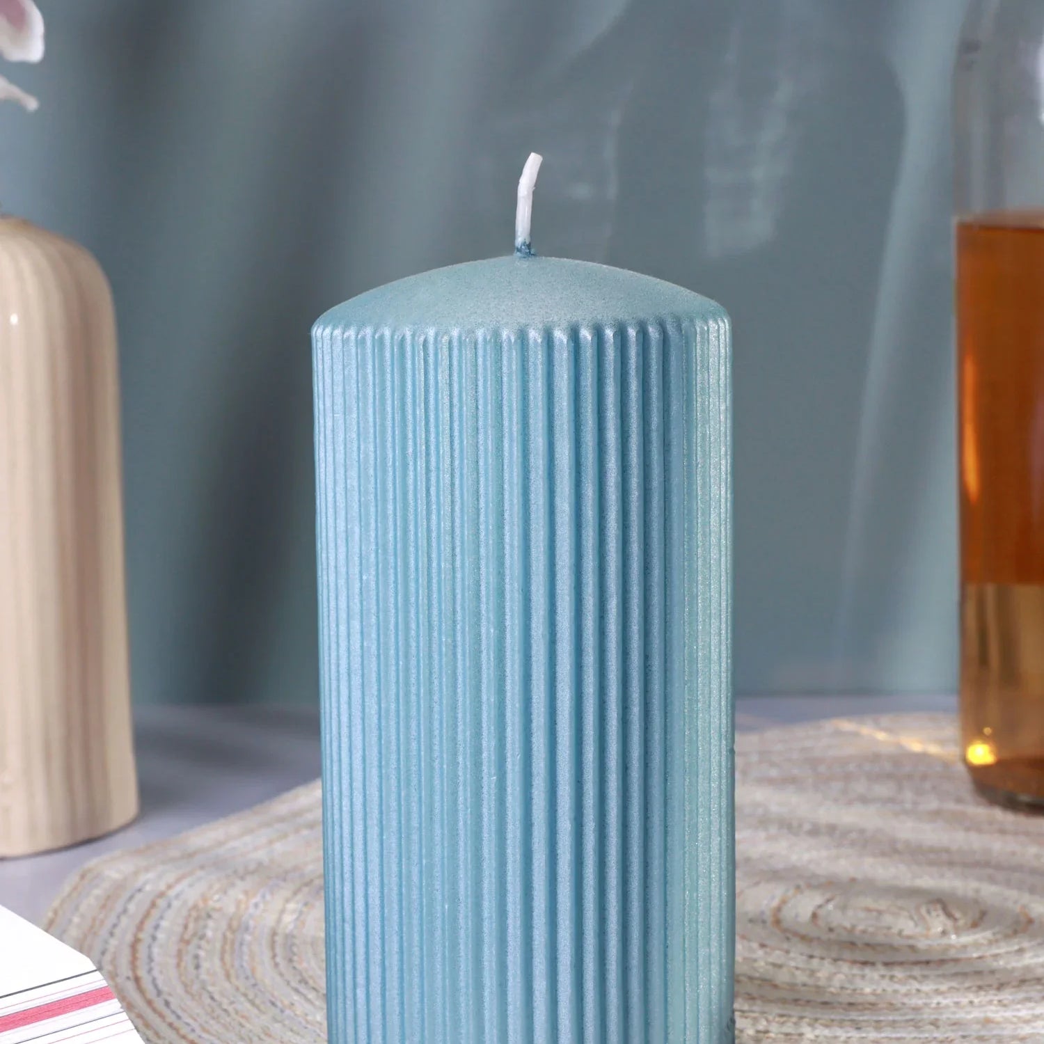 Vellure Ice Blue Ribbed Pillar Candle Home Decor Elegant Statement