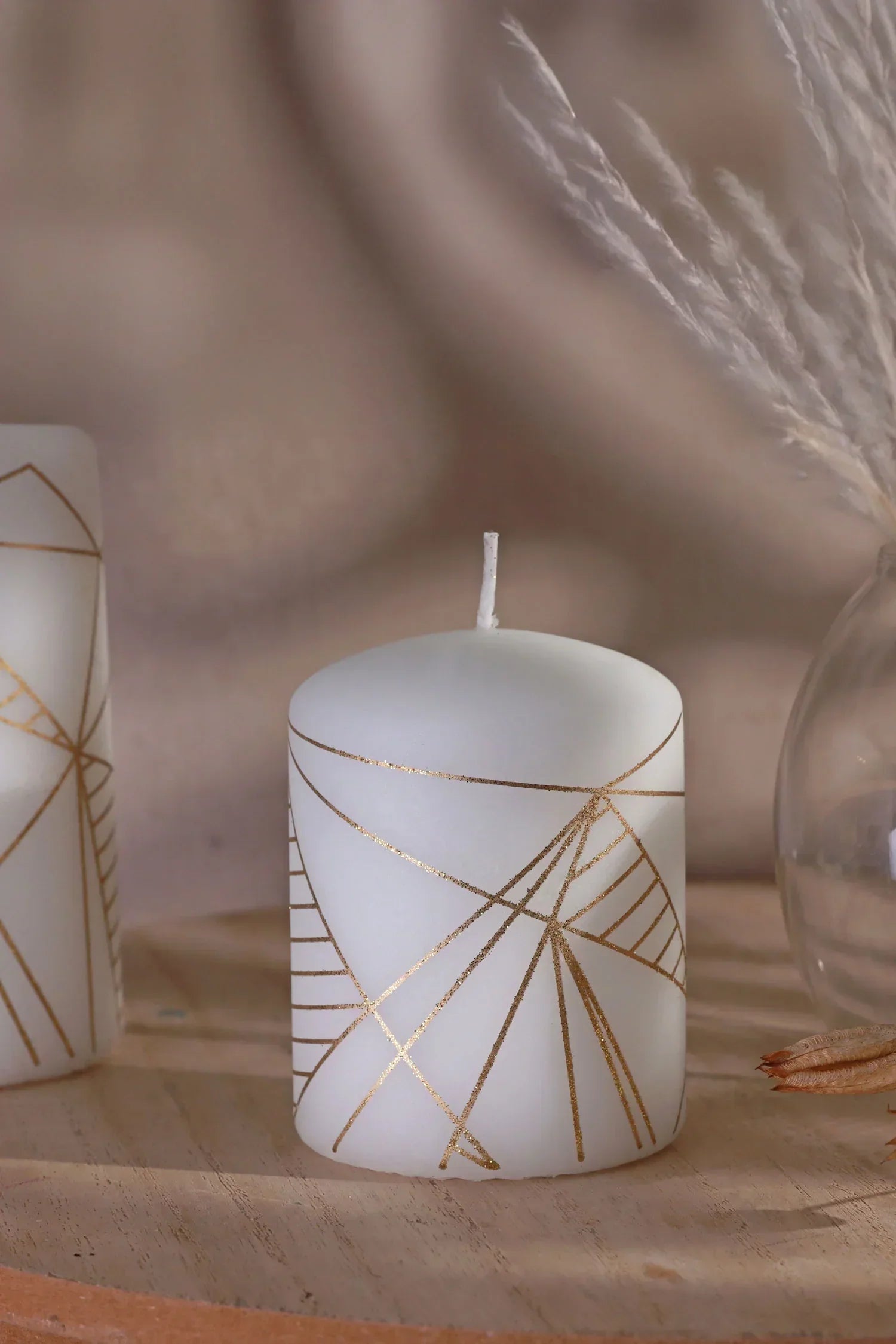 Modern White Pillar Candle with Gold Line Detail — close-up view, G Decor