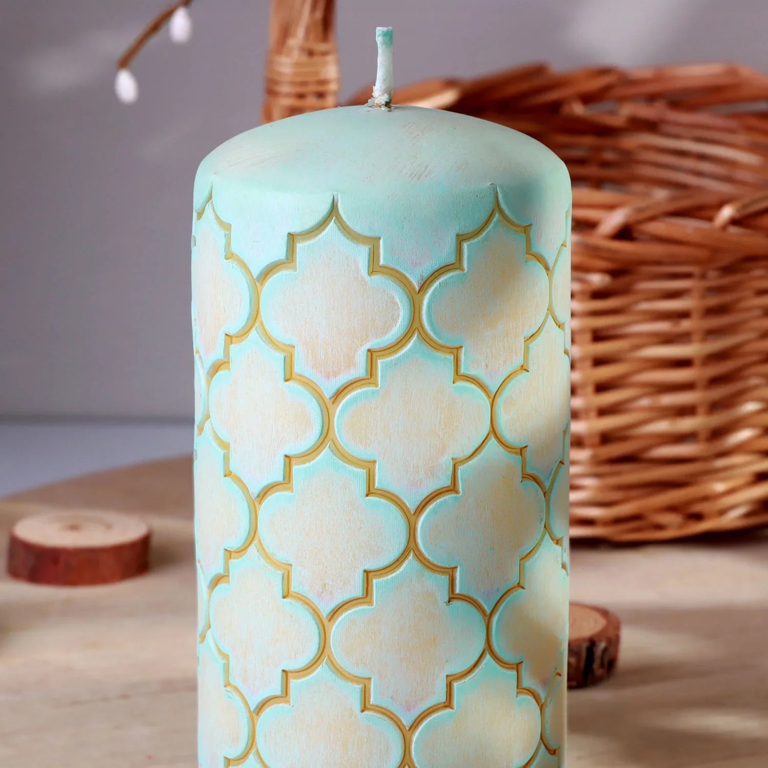 Moroccan Kanz Pressed Brass Pastel Lattice Pillar Candle – Blush Pink or Mint Green