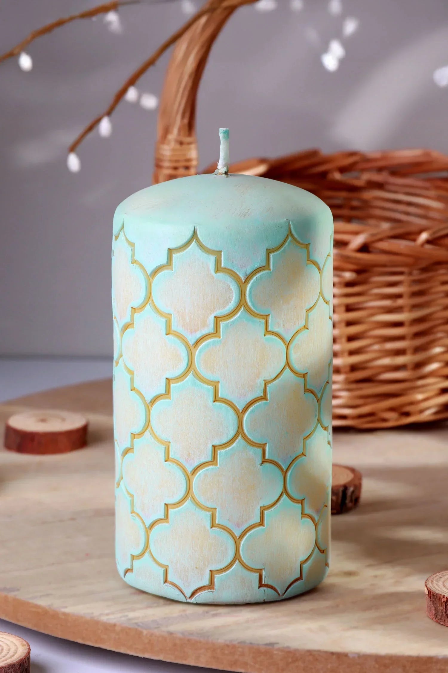 Moroccan Kanz Pressed Brass Lattice Pillar Candle in Blush Pink or Mint Green — close-up view, G Decor