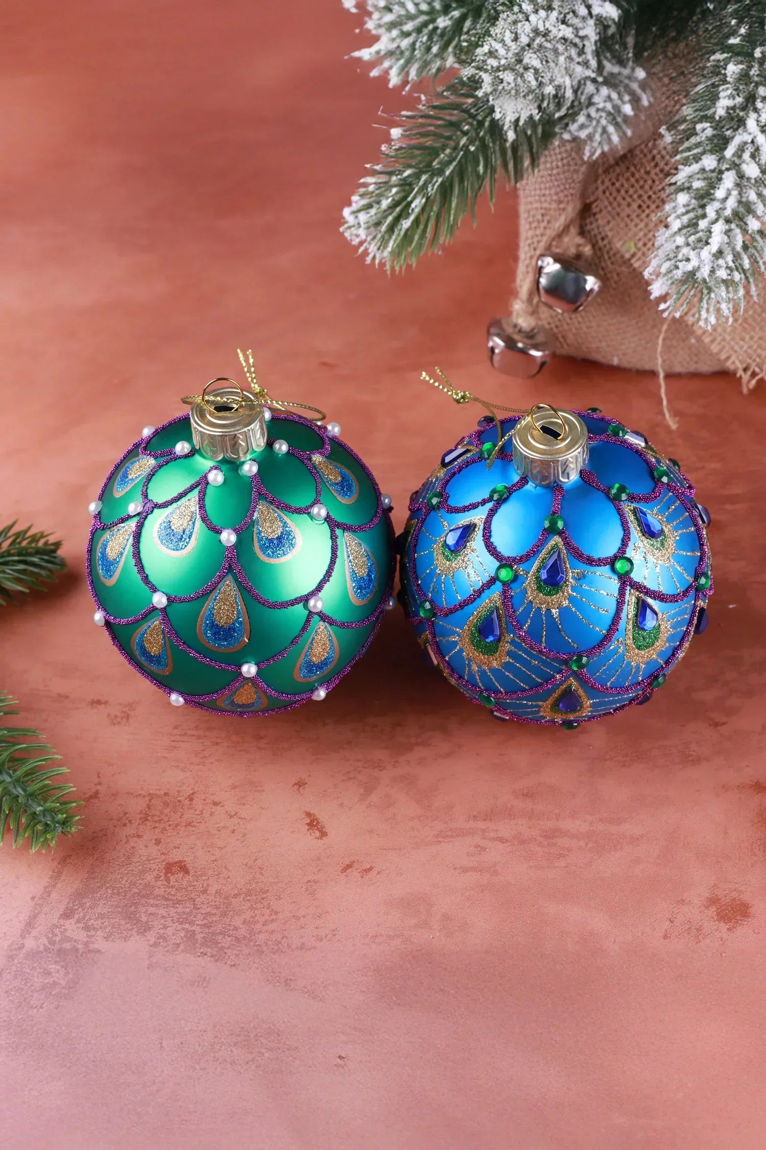 Hand-Painted Peacock Tail Glass Christmas Bauble in Emerald or Royal Blue — alternate view, G Decor