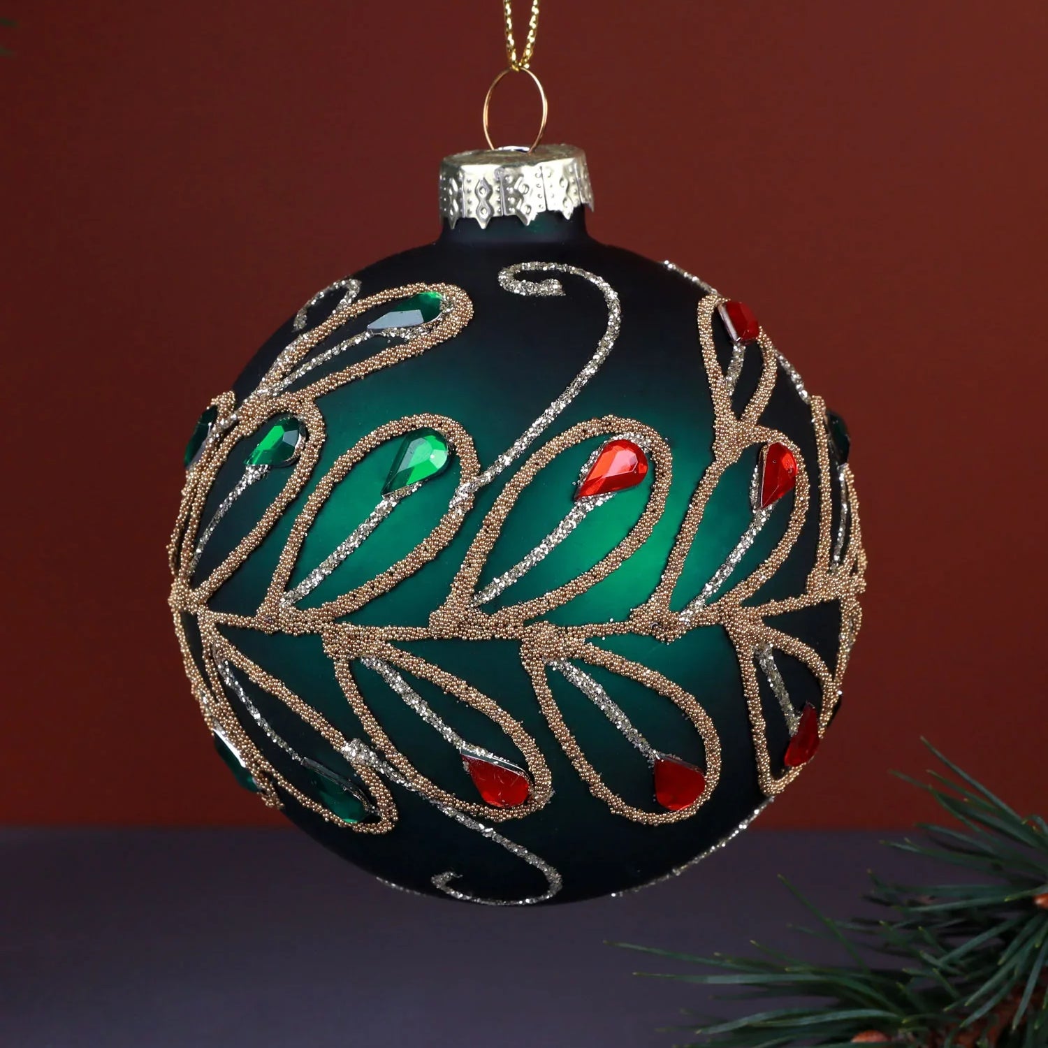 Hand-Painted Glass Christmas Bauble Hanging Decoration Jewel Scrollwork Green or Leaf & Olive Deep Blue