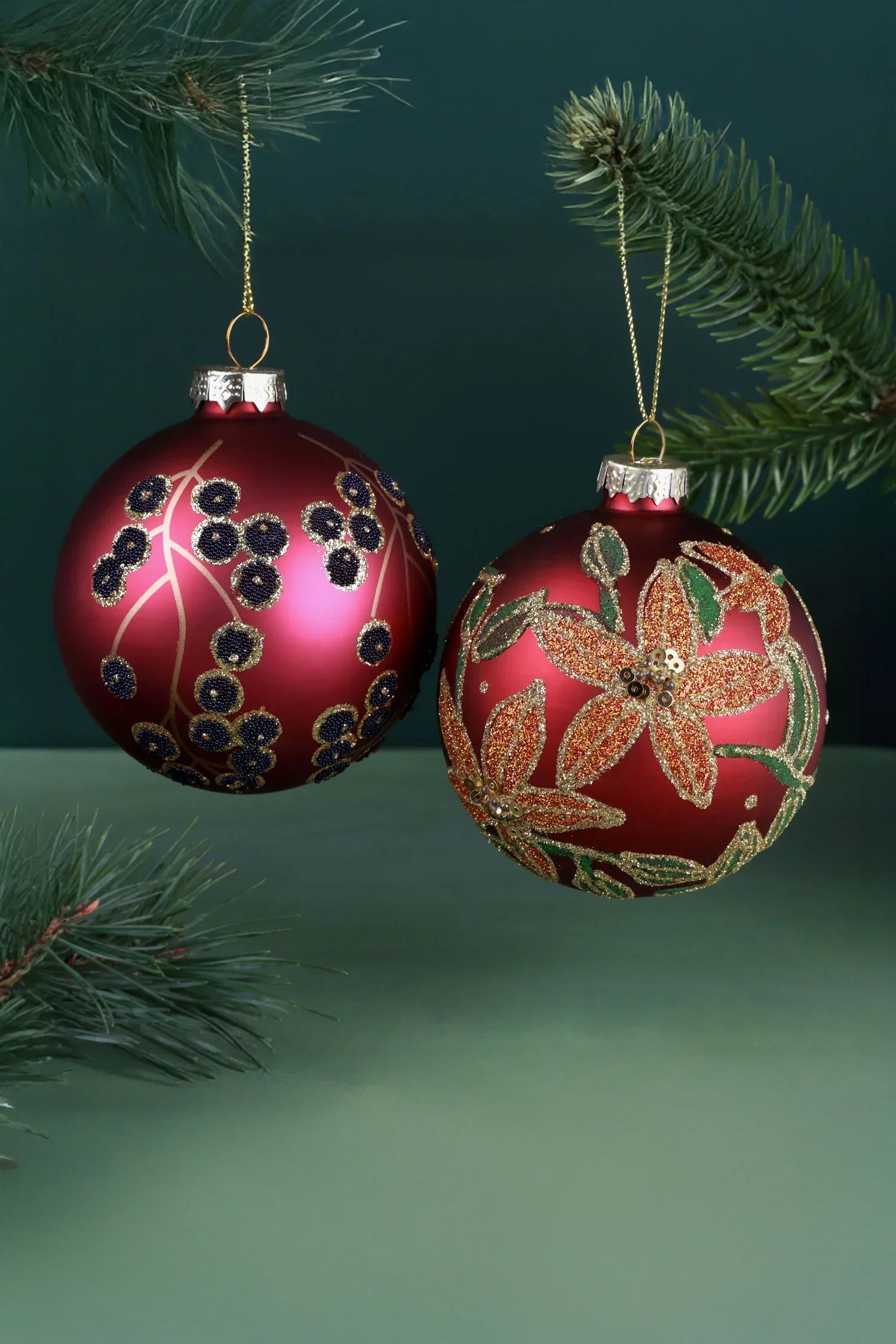 Hand-Painted Winter Berry or Golden Poinsettia Glass Christmas Bauble — alternate view, G Decor