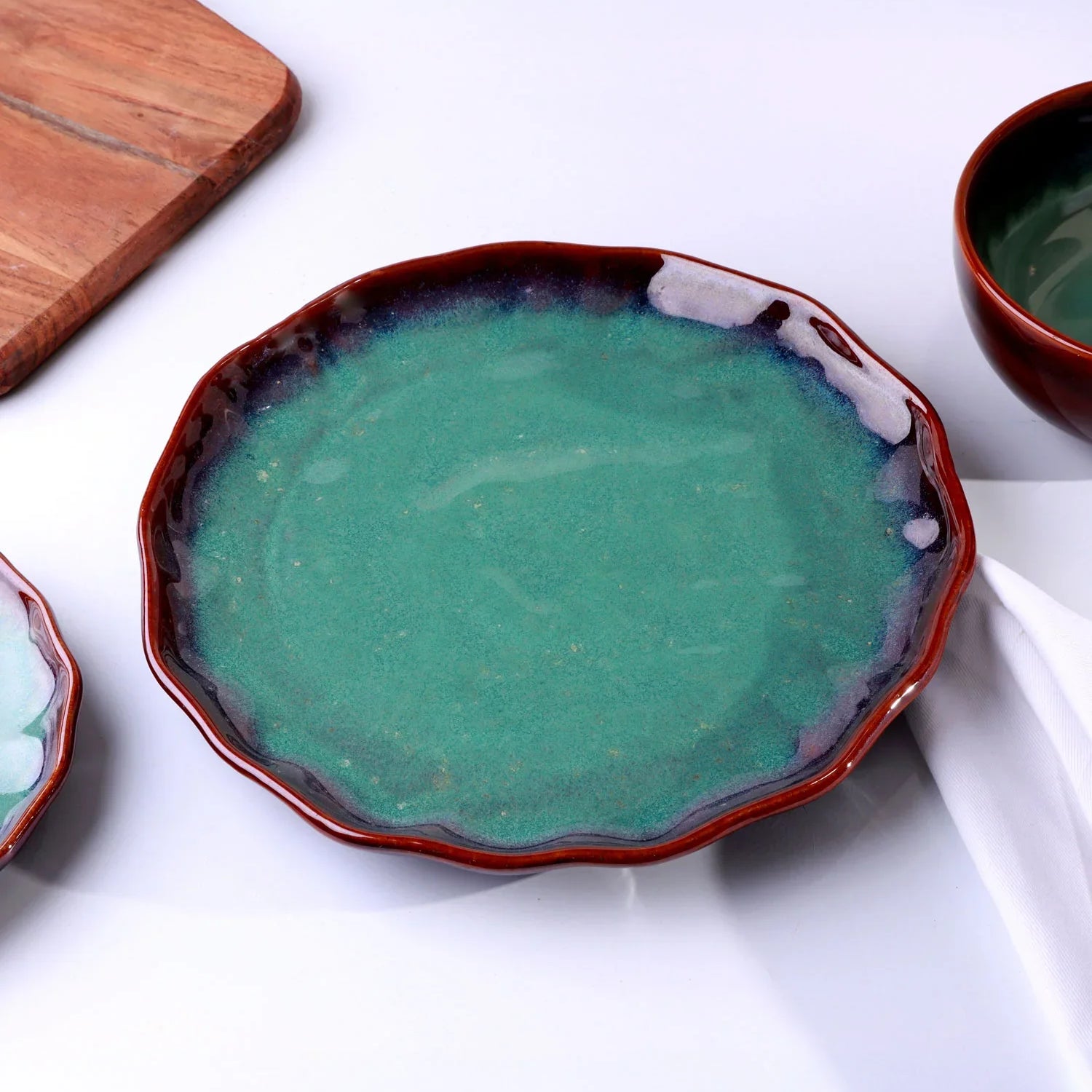 Viridia Handcrafted Stoneware Collection Plates & Bowls with Green Glaze & Rustic Rim