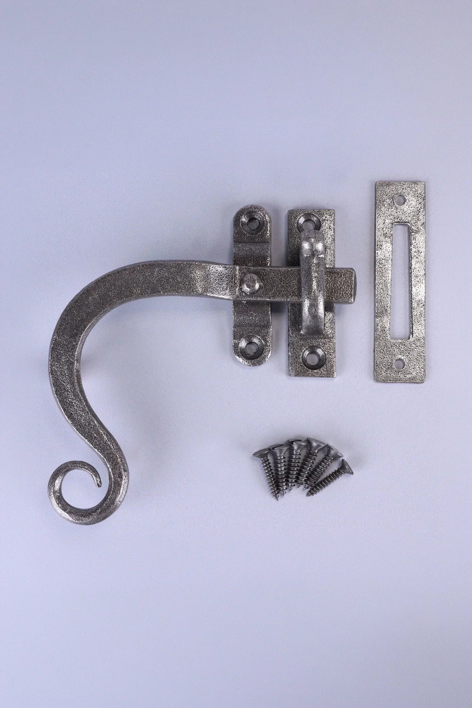 Hand-Forged Monkey Tail Window Fastener, Pewter — close-up view, G Decor