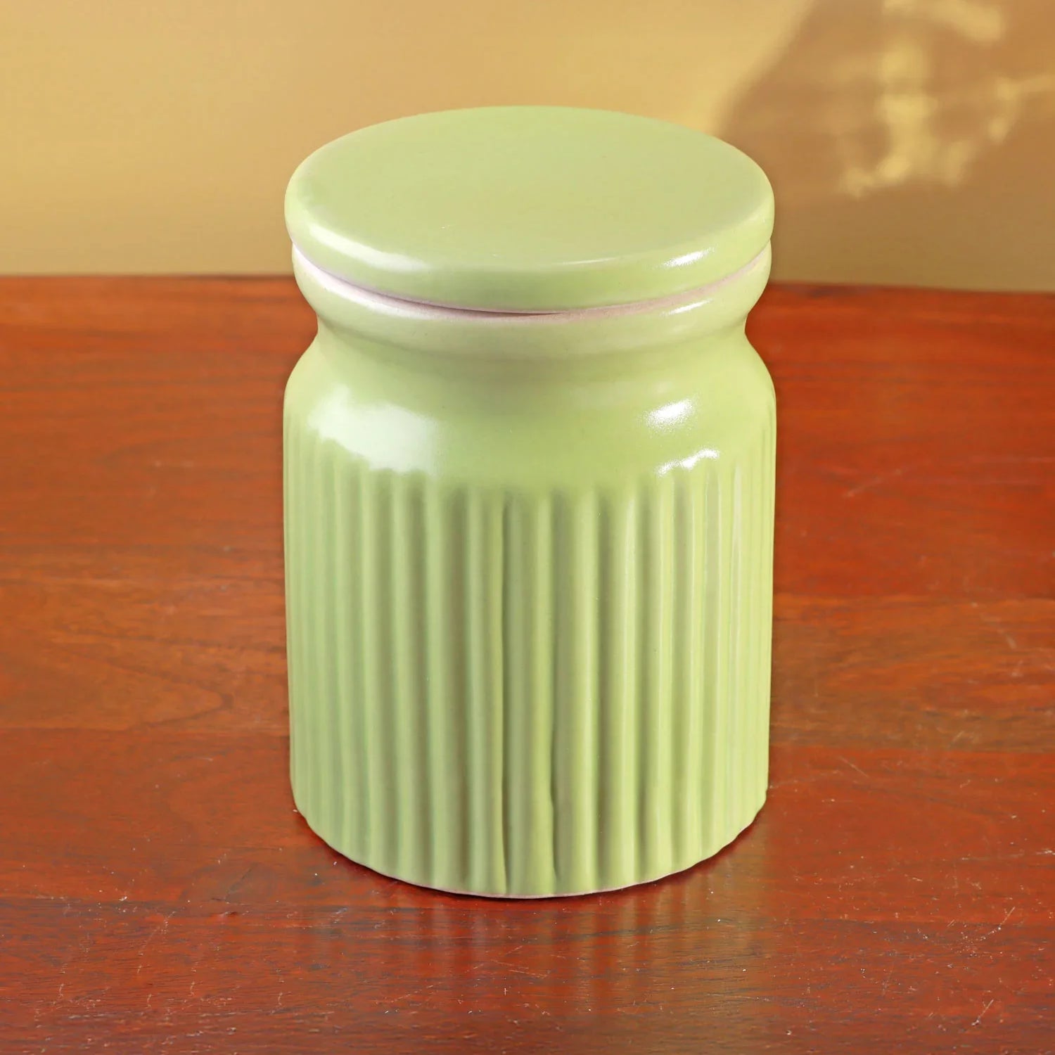 Soft Pastel Jars Handcrafted Ceramic Ribbed Storage Containers with Lids in Dark Mint, Fresh Green & Blush Pink