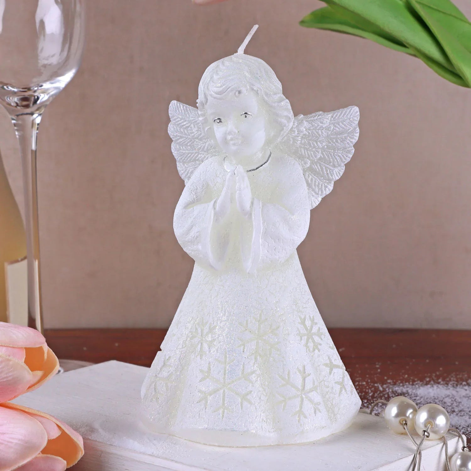 White Angel Art Candle Hand-Finished with Snowflake Dress Decorative Wax Figure Symbol of Blessings & Good Wishes