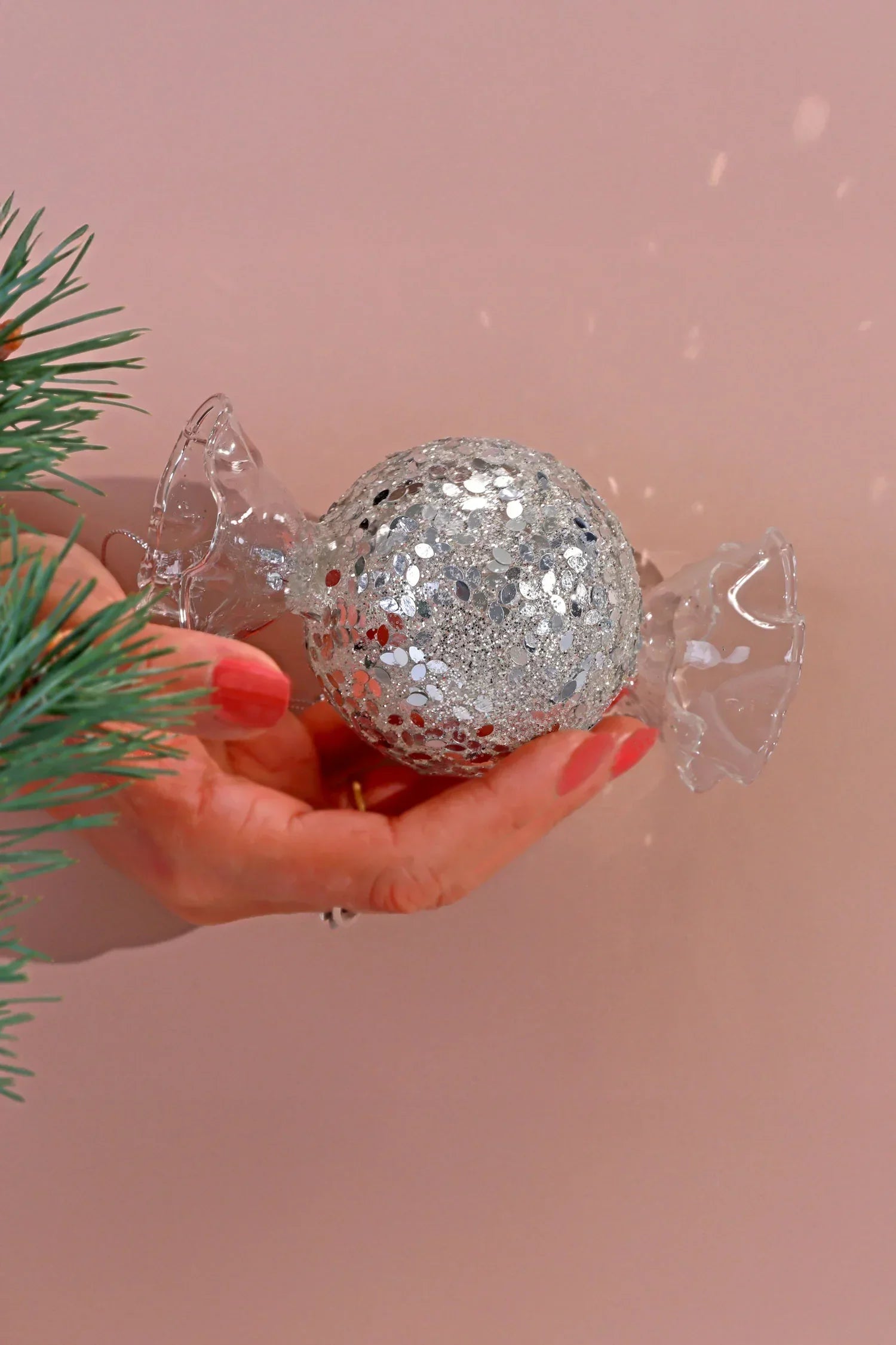 Silver Confetti Hand-Finished Glass Candy Christmas Bauble — lifestyle view, G Decor