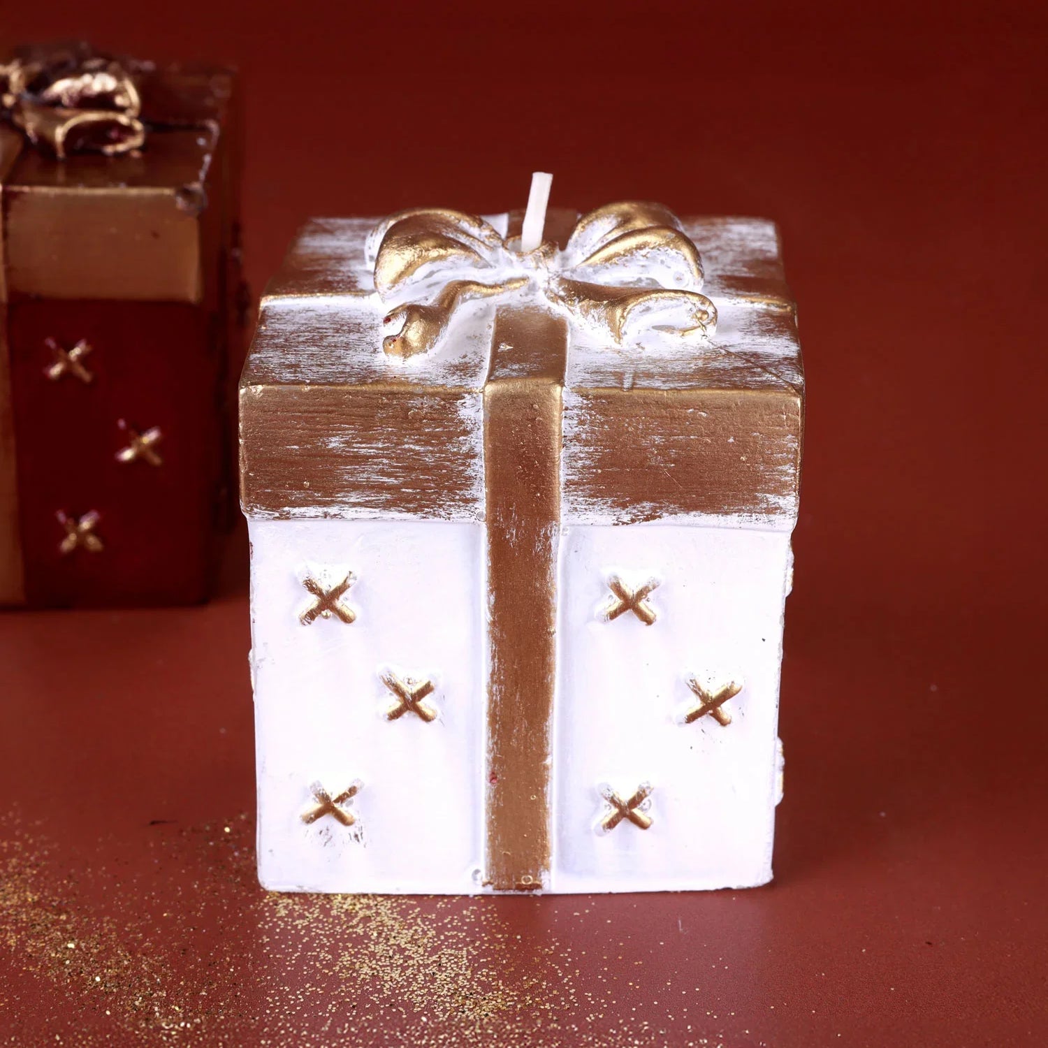 The Gift Box Celebration Candle – Hand-Finished Decorative Present with Gold Ribbon in Holiday Red, Midnight Blue or Soft White