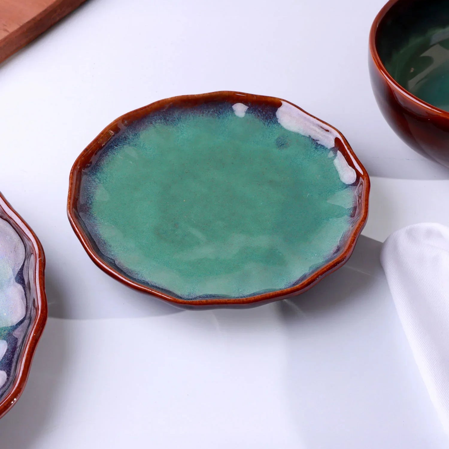 Viridia Handcrafted Stoneware Collection Plates & Bowls with Green Glaze & Rustic Rim