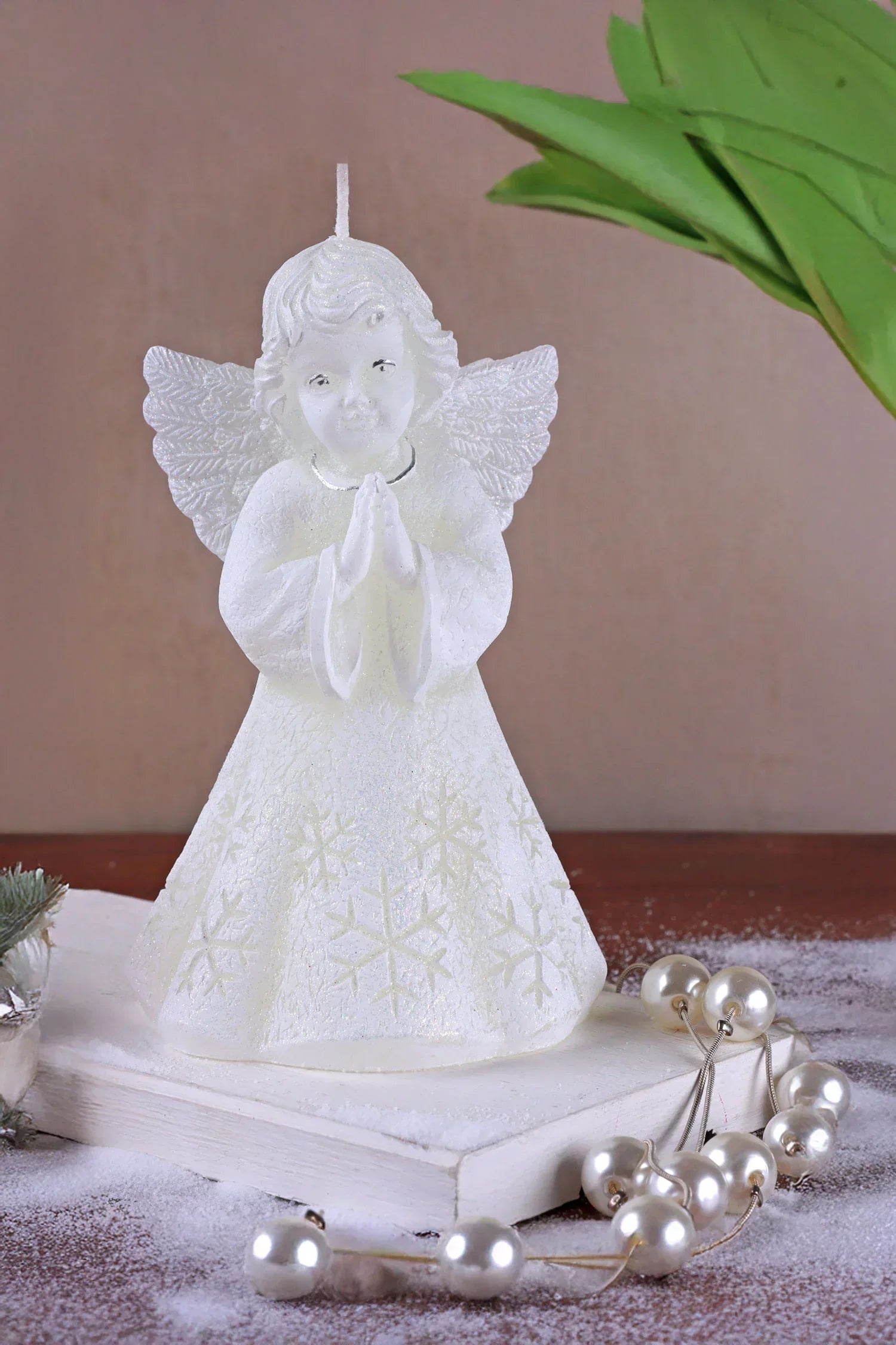 White angel candle with snowflake details and pearl garland, luxury G Decor home décor