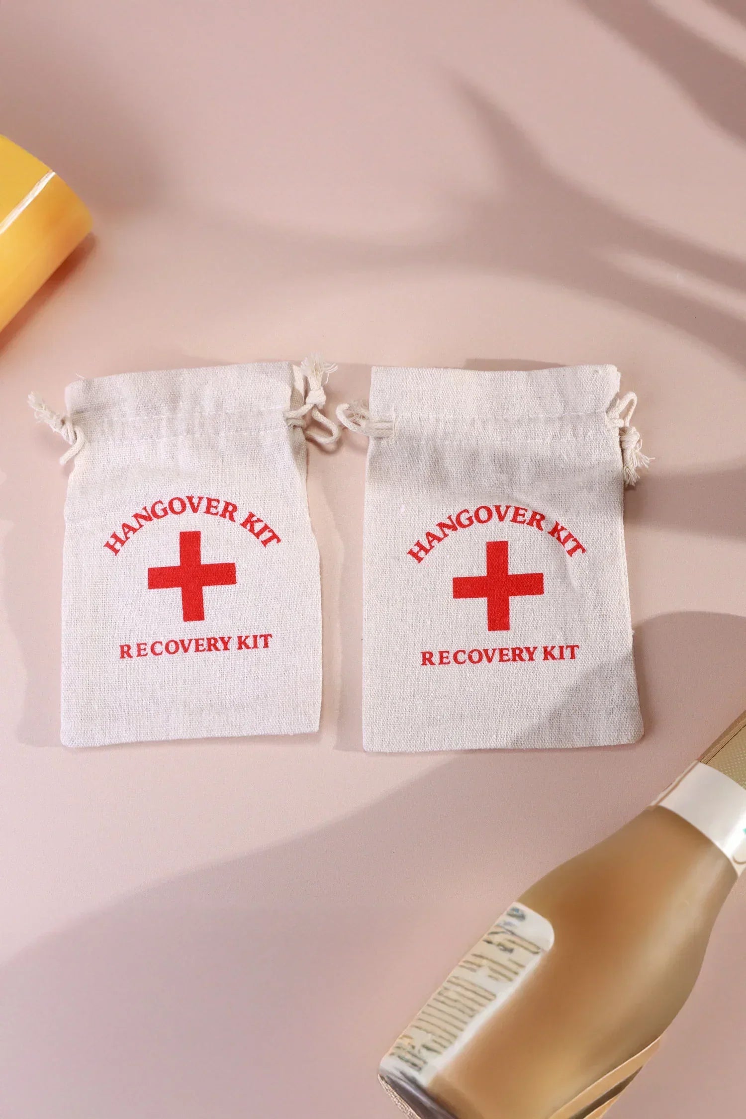 Pair of Hangover Kit Linen Gift Bags with Red Cross Design — view 5, G Decor