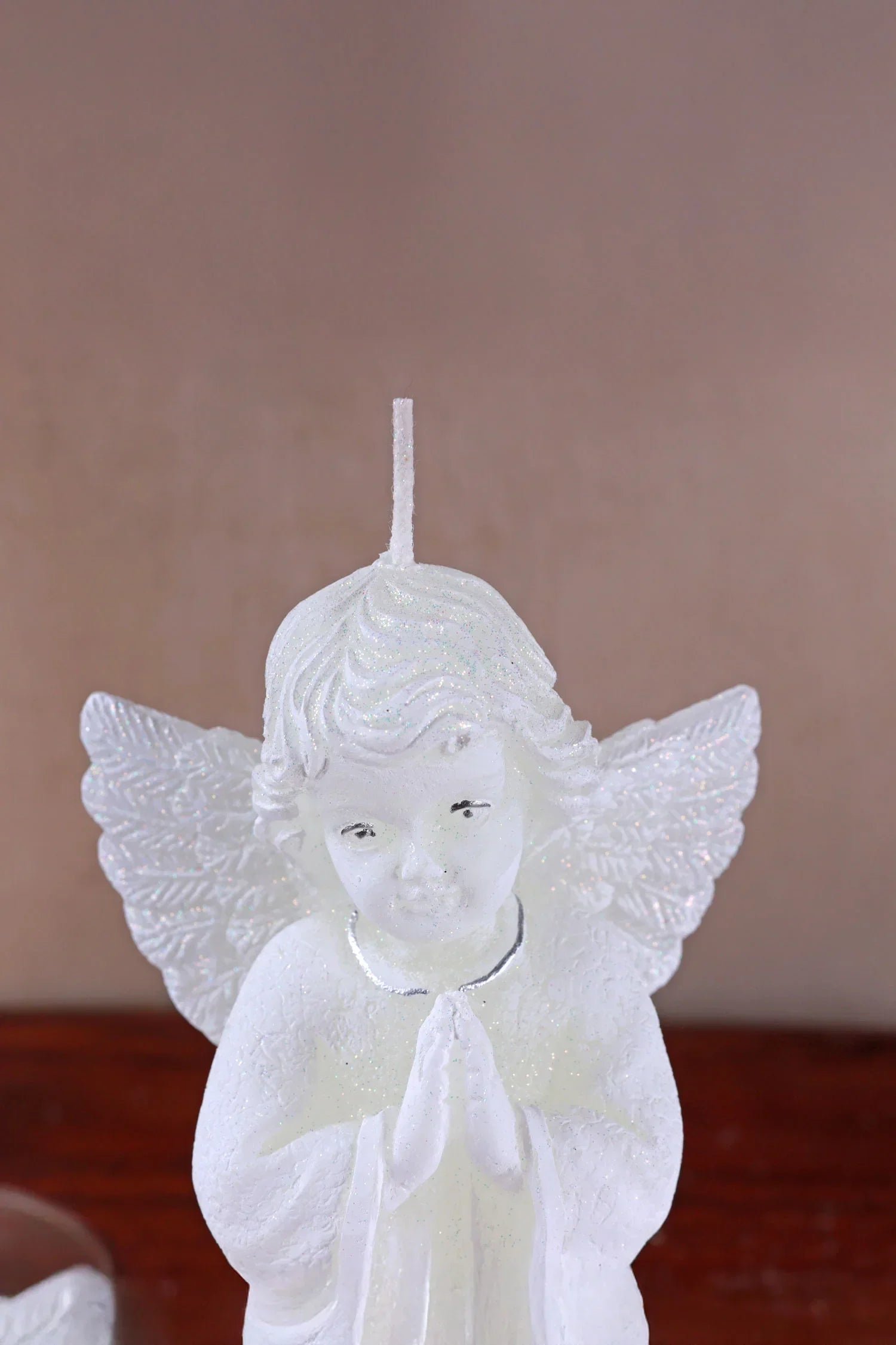 White Angel Hand-Finished Wax Candle with Snowflake Dress — close-up view, G Decor