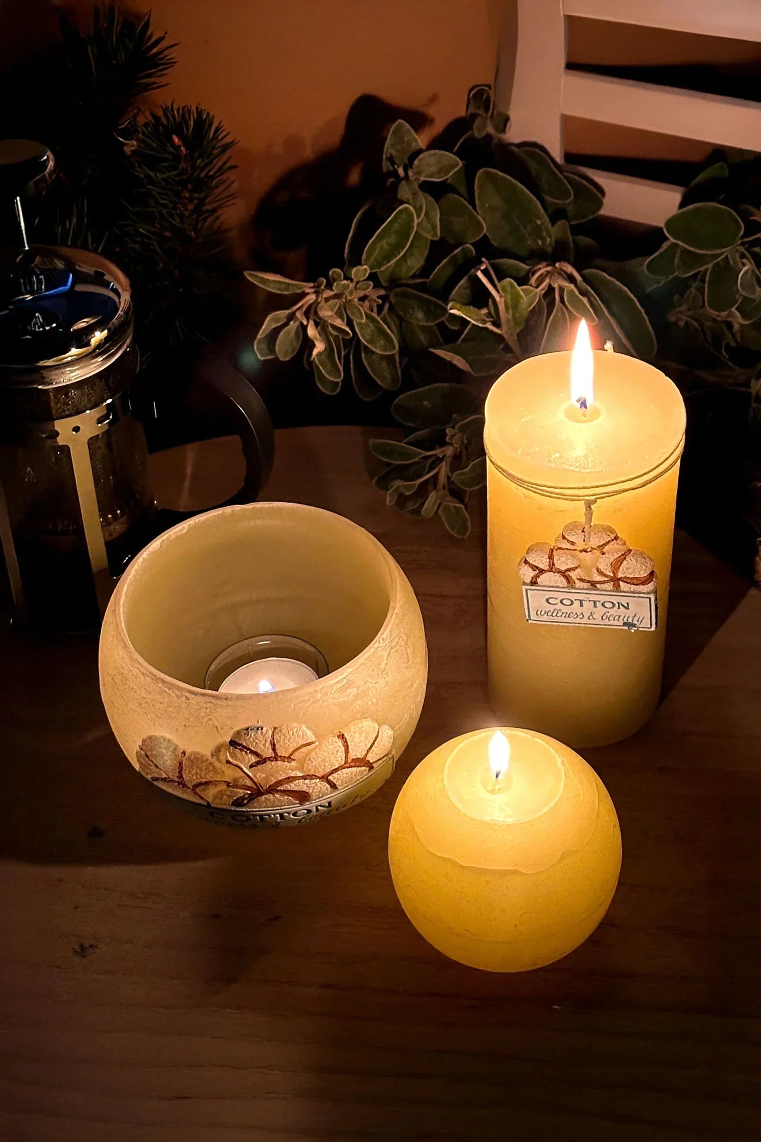 Cotton Wellness Scented Candle Collection in Pillar Ball and Lantern — alternate view, G Decor