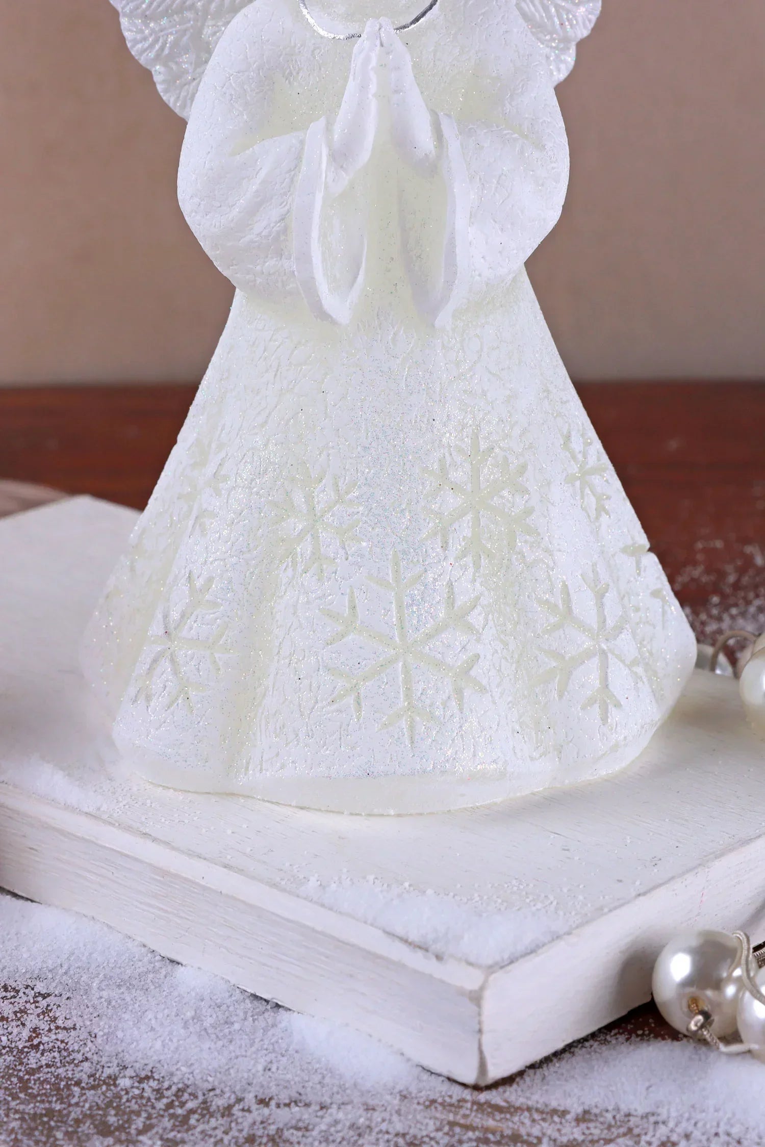 White Angel Hand-Finished Wax Candle with Snowflake Dress — lifestyle view, G Decor