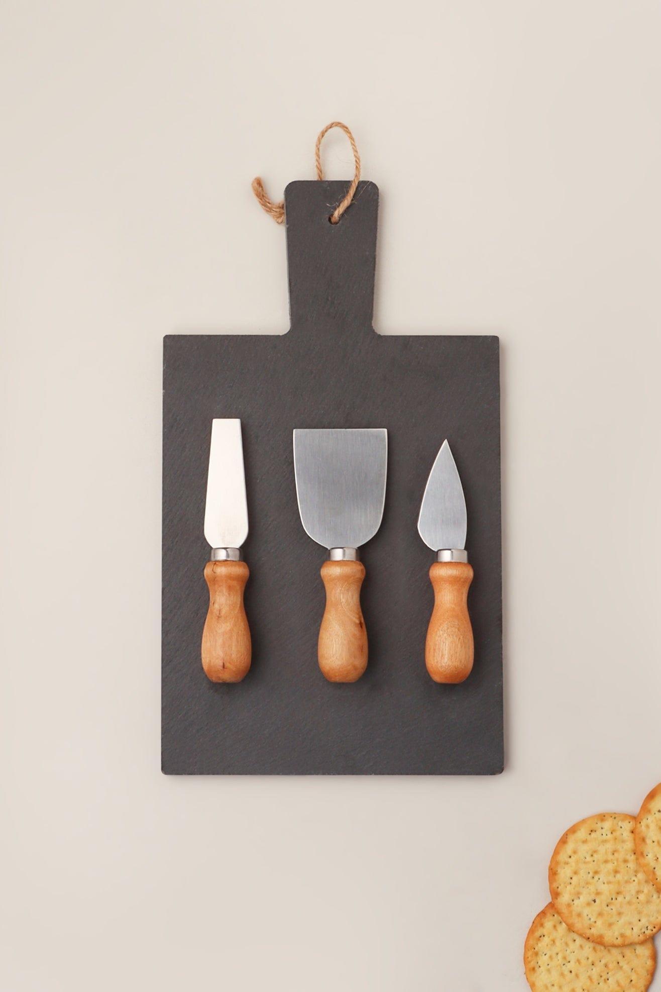 A set of 3 Cheese Knives and Board - G Decor