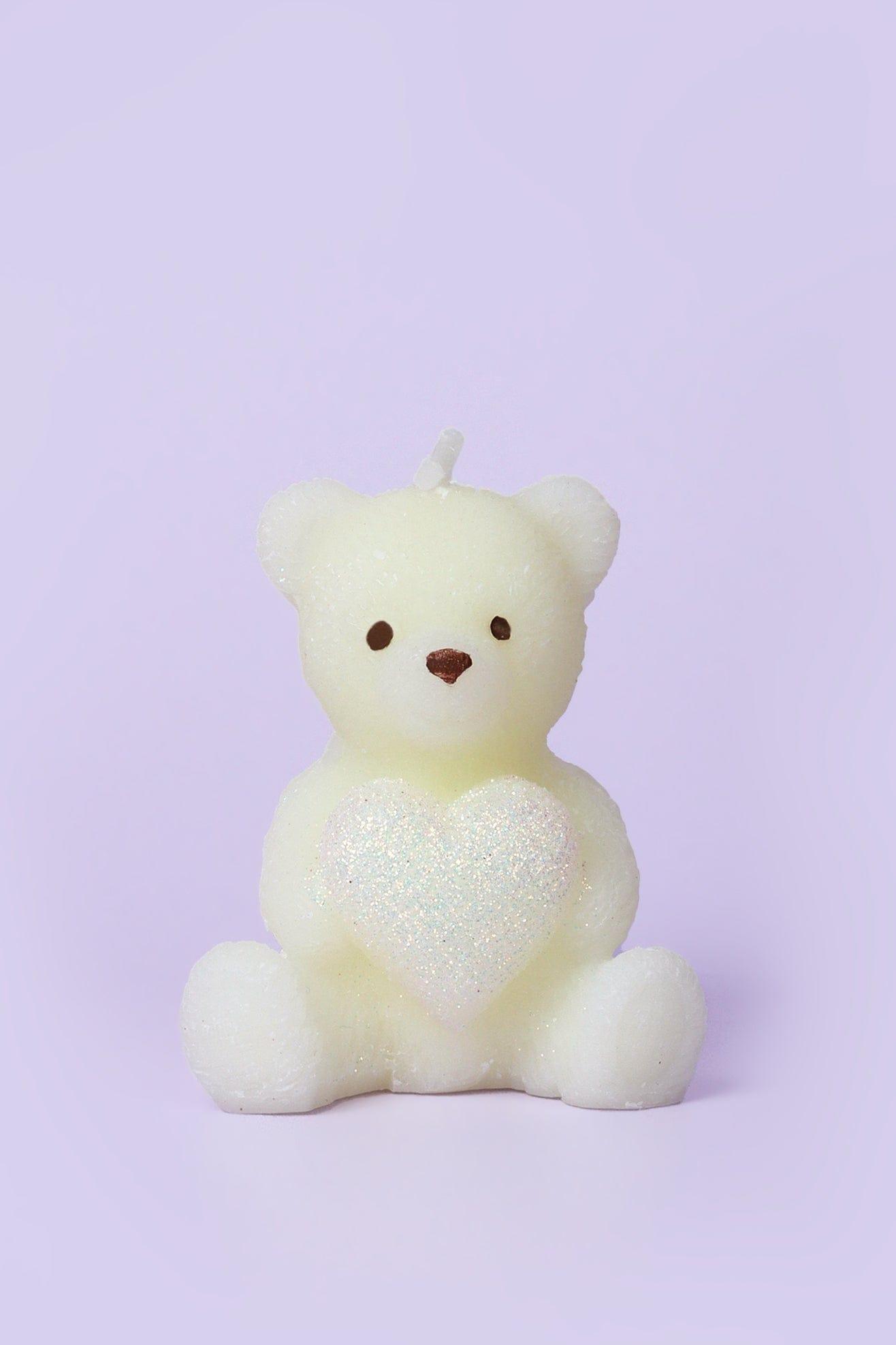 G Decor Candles & Candle Holders White Adorable Teddy Bear with Shiny Heart Candles