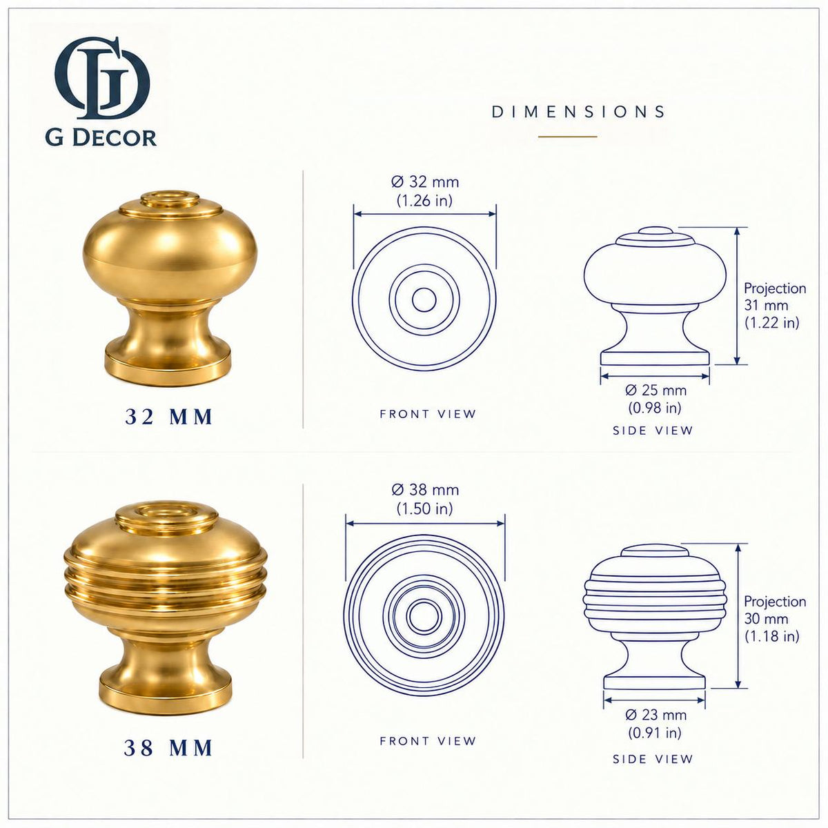 Size drawing of the aged brass Bloxwich cabinet knob in 32mm and 38mm