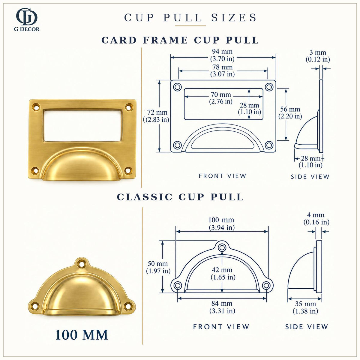 Size drawings of the aged brass card frame and classic cup pulls