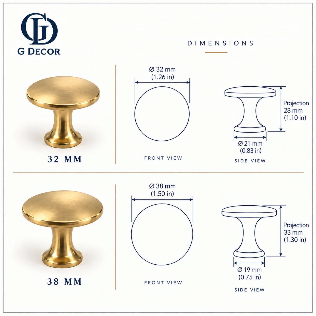 Size drawing of the aged brass flat cabinet knob in 32mm and 38mm