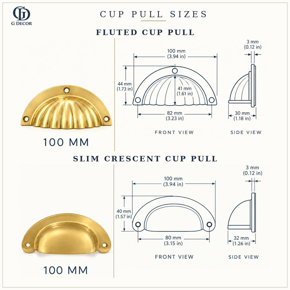 Size drawings of the aged brass fluted and slim crescent cup pulls