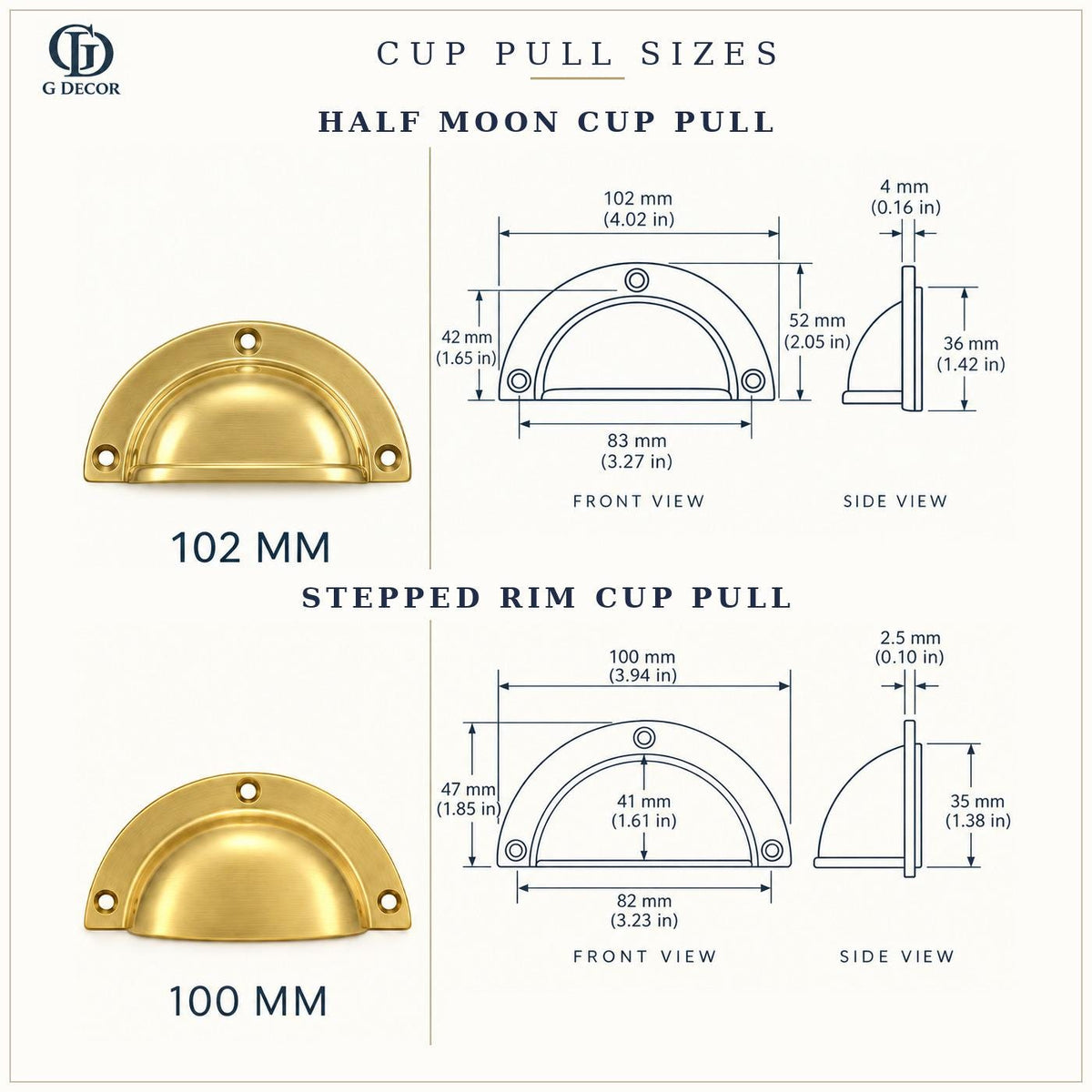 Size drawings of the aged brass half moon and stepped rim cup pulls