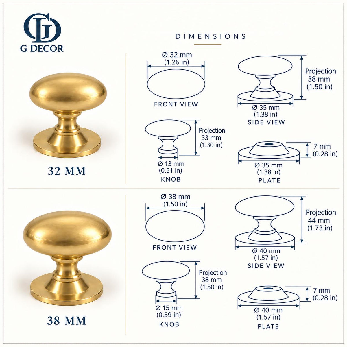 Size drawing of the aged brass oval knob and rose in 32mm and 38mm